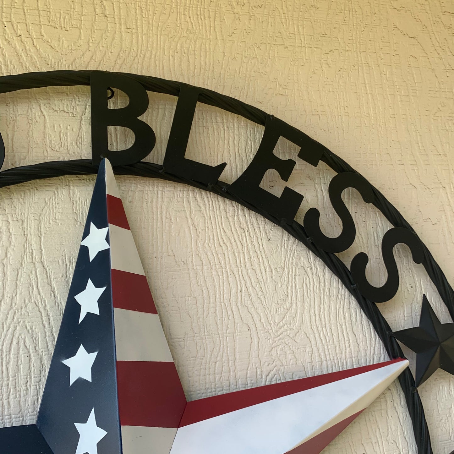 GOD BLESS AMERICA USA FLAG 3d STAR METAL BARN STAR BLACK TWISTED ROPE RING WALL ART WESTERN HOME DECOR RED WHITE & BLUE HANDMADE NEW #EH10490