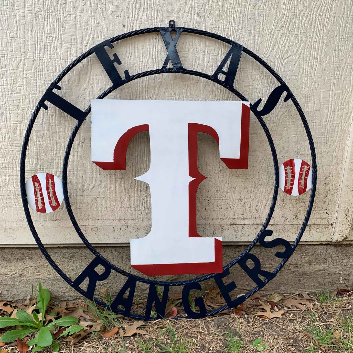 TEXAS RANGERS CUSTOM METAL VINTAGE CRAFT TEAM SIGN WHITE & RED & NAVY BLUE RING HANDMADE