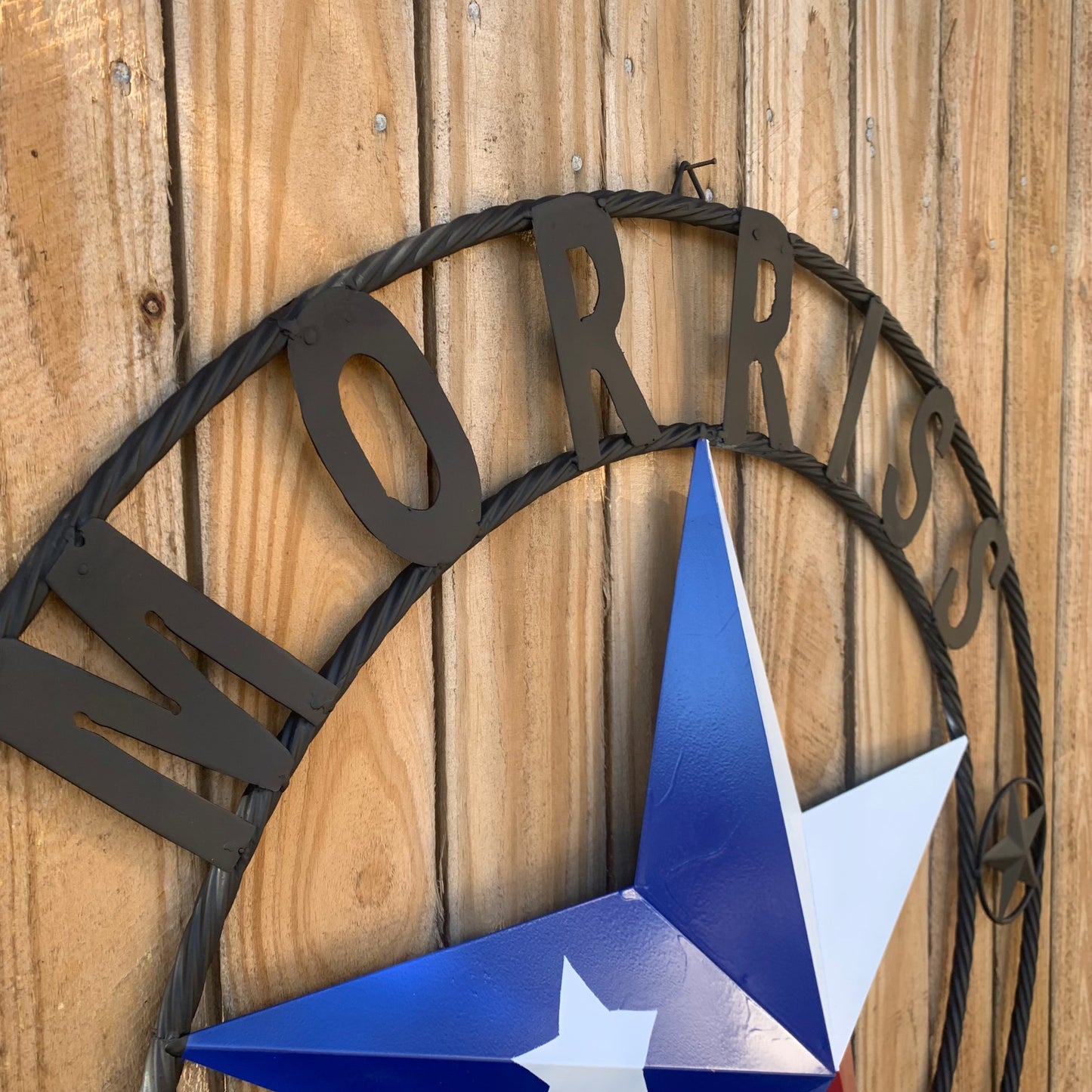 MORRISS TEXAS FLAG STYLE CUSTOM NAME STAR TWISTED ROPE BLACK RING WESTERN HOME DECOR HANDMADE