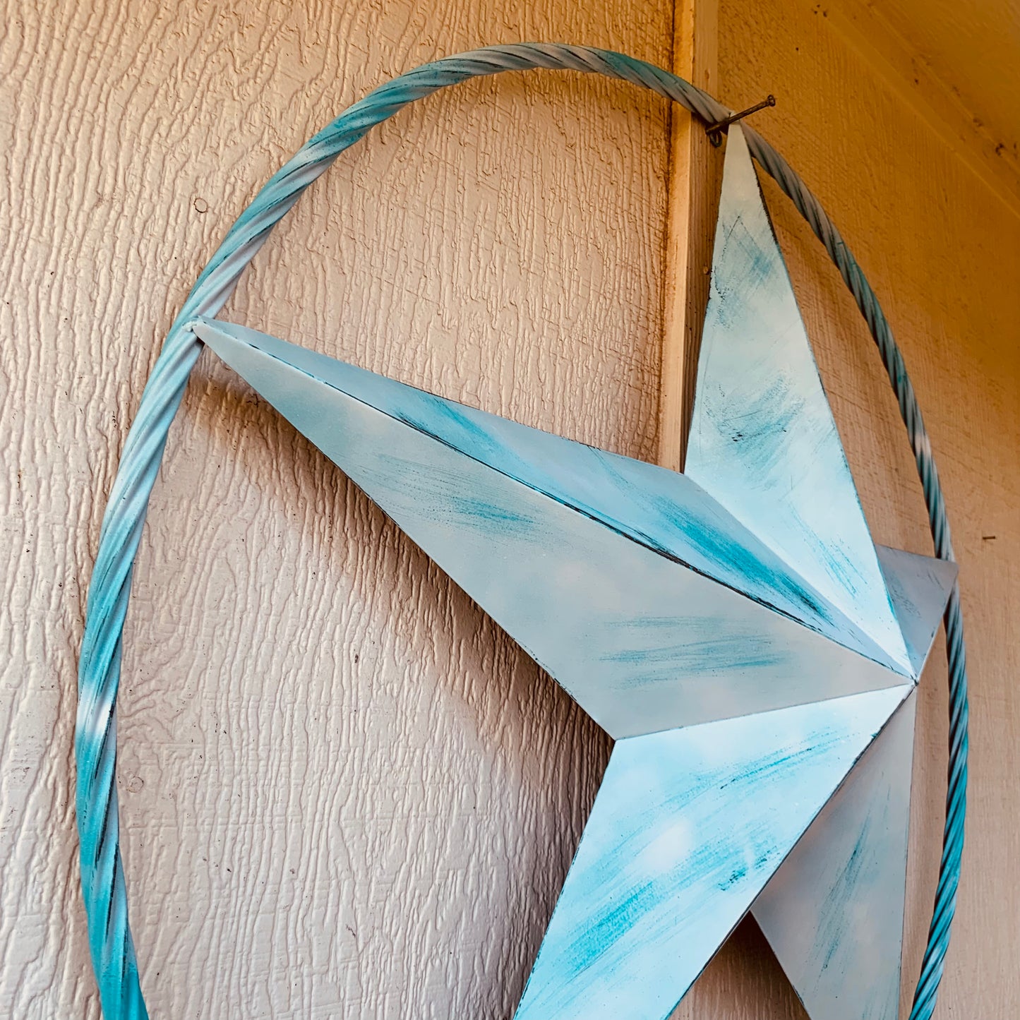#EH11219 TURQUOISE WHITE DISTRESSED STAR TWO TONE TEXTURE BARN STAR METAL LONESTAR TWISTED ROPE RING WESTERN HOME DECOR HANDMADE NEW
