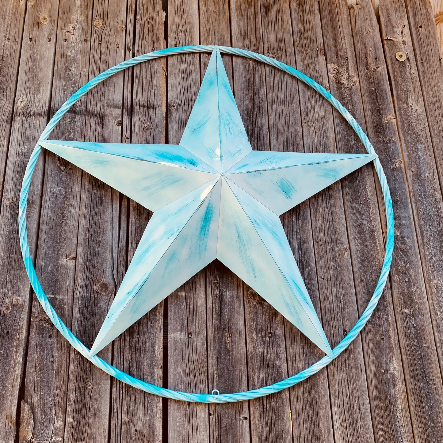 #EH11219 TURQUOISE WHITE DISTRESSED STAR TWO TONE TEXTURE BARN STAR METAL LONESTAR TWISTED ROPE RING WESTERN HOME DECOR HANDMADE NEW