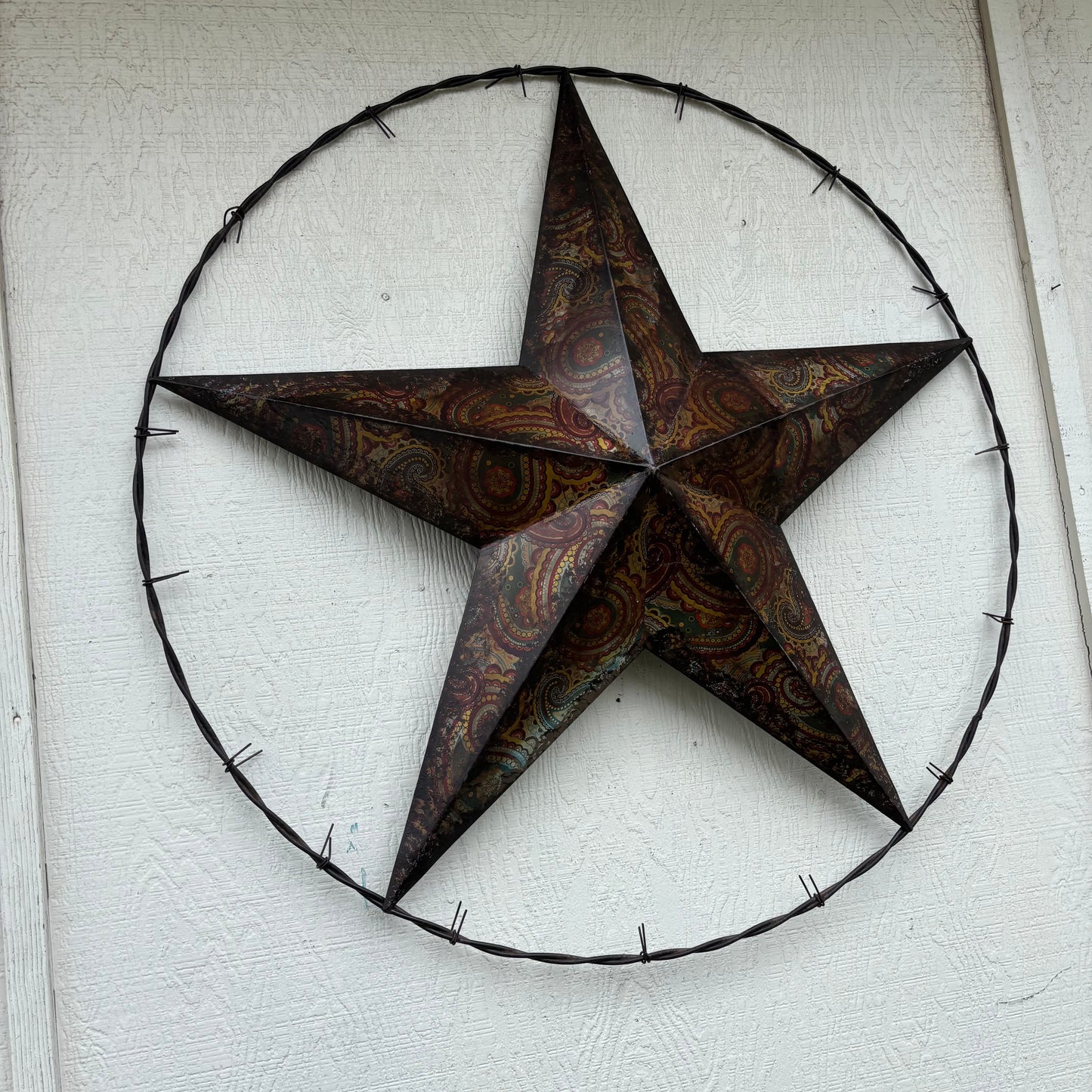 PAISLEY BARN STAR MULTI CLOR WITH BARBWIRE RING LONESTAR WESTERN HOME DECOR HANDMADE
