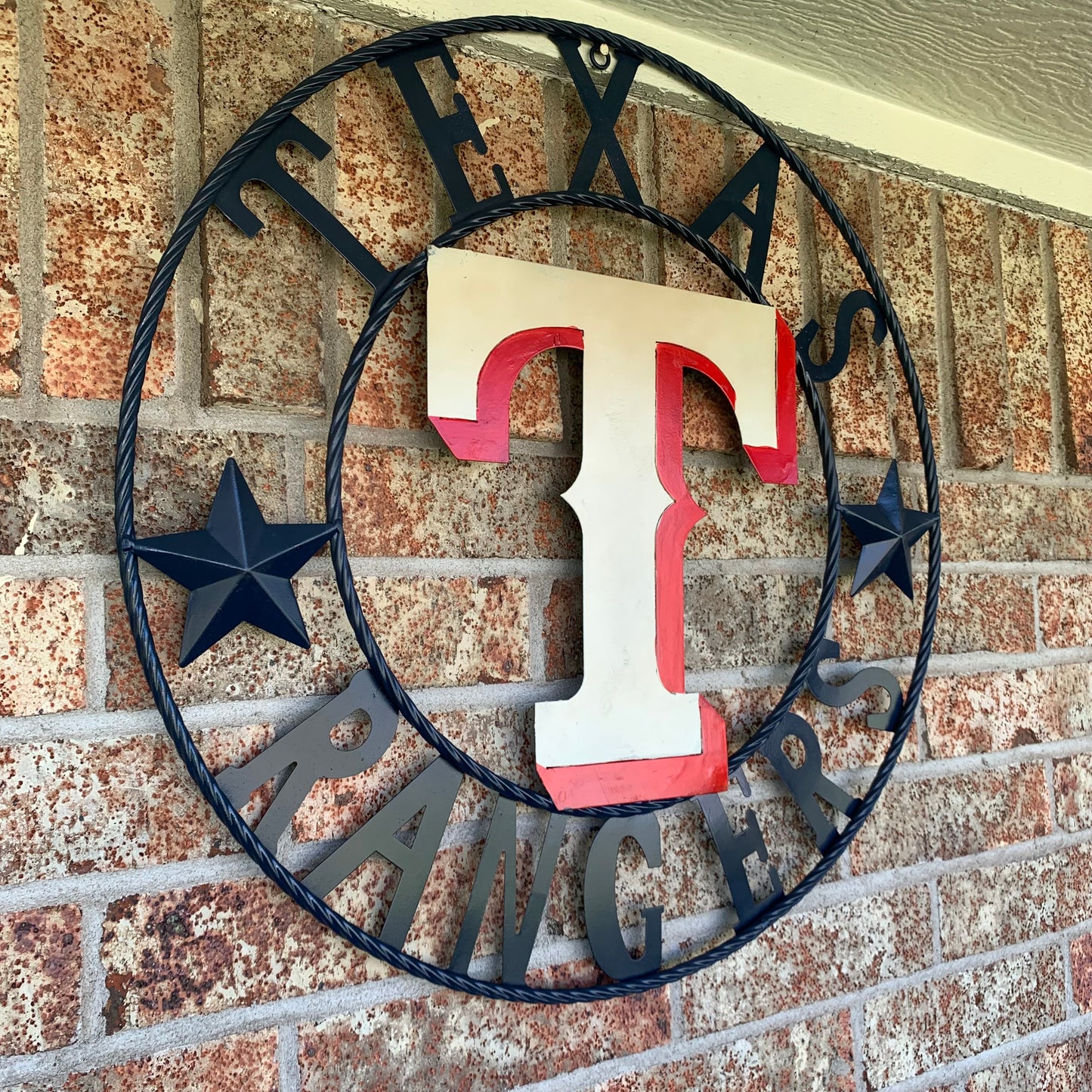 12", 18", 24", 32" TEXAS RANGERS BARN CUSTOM METAL VINTAGE CRAFT SIGN TEAM  WHITE & RED & NAVY BLUE RING & STAR HANDMADE
