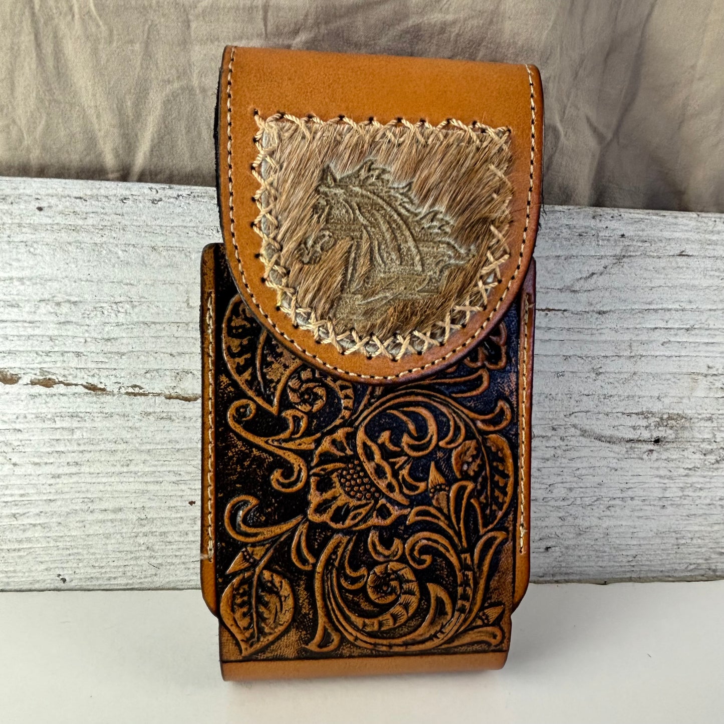 7" HORSE LEATHER HOLSTER TAN POUCH EXTRA LARGE  BELT LOOP CELL PHONE CASE UNIVERSAL OVERSIZE #EH13323