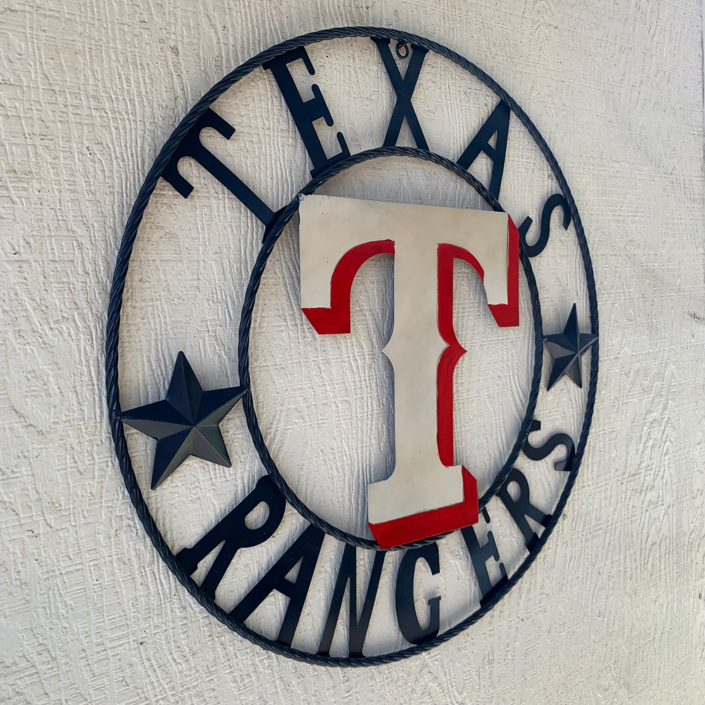 12", 18", 24", 32" TEXAS RANGERS BARN CUSTOM METAL VINTAGE CRAFT SIGN TEAM  WHITE & RED & NAVY BLUE RING & STAR HANDMADE