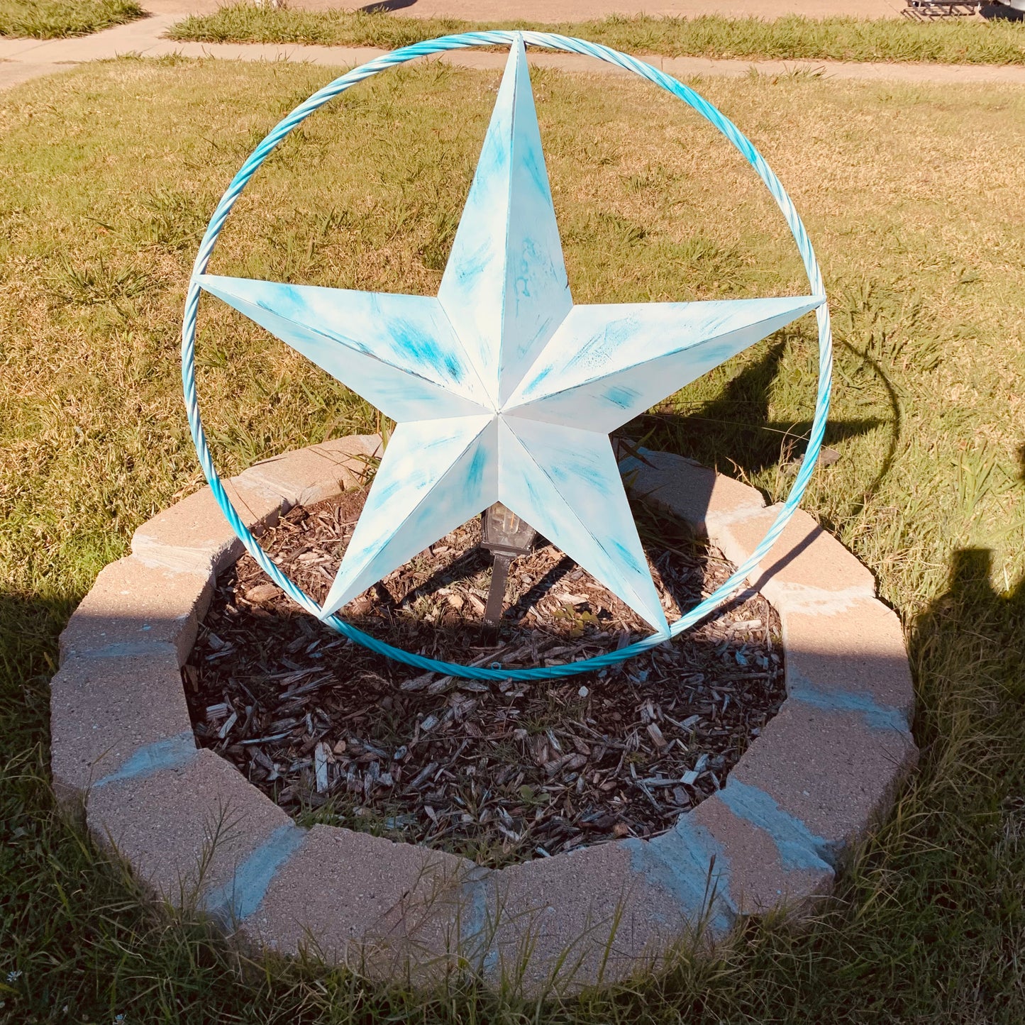 #EH11219 TURQUOISE WHITE DISTRESSED STAR TWO TONE TEXTURE BARN STAR METAL LONESTAR TWISTED ROPE RING WESTERN HOME DECOR HANDMADE NEW