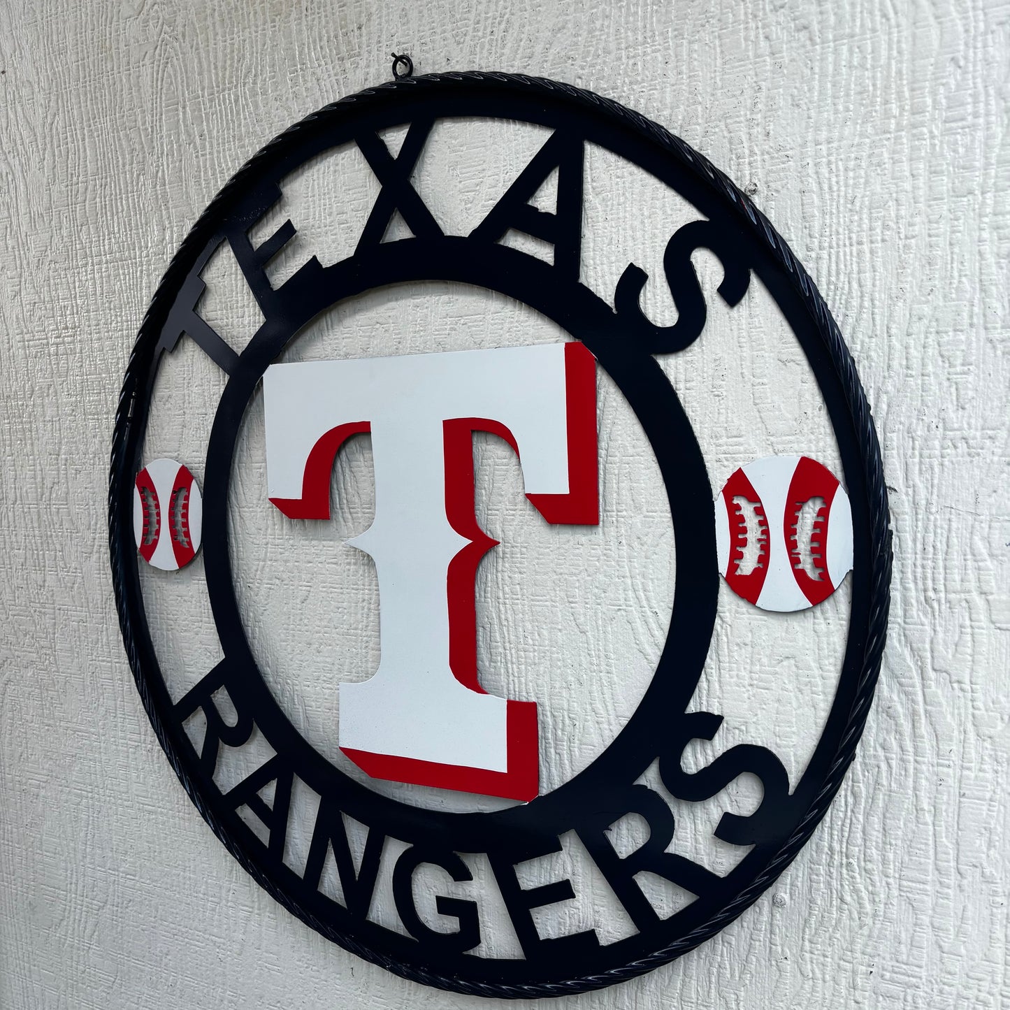 TEXAS RANGERS CUSTOM METAL VINTAGE CRAFT TEAM SIGN WHITE & RED & NAVY BLUE RING HANDMADE