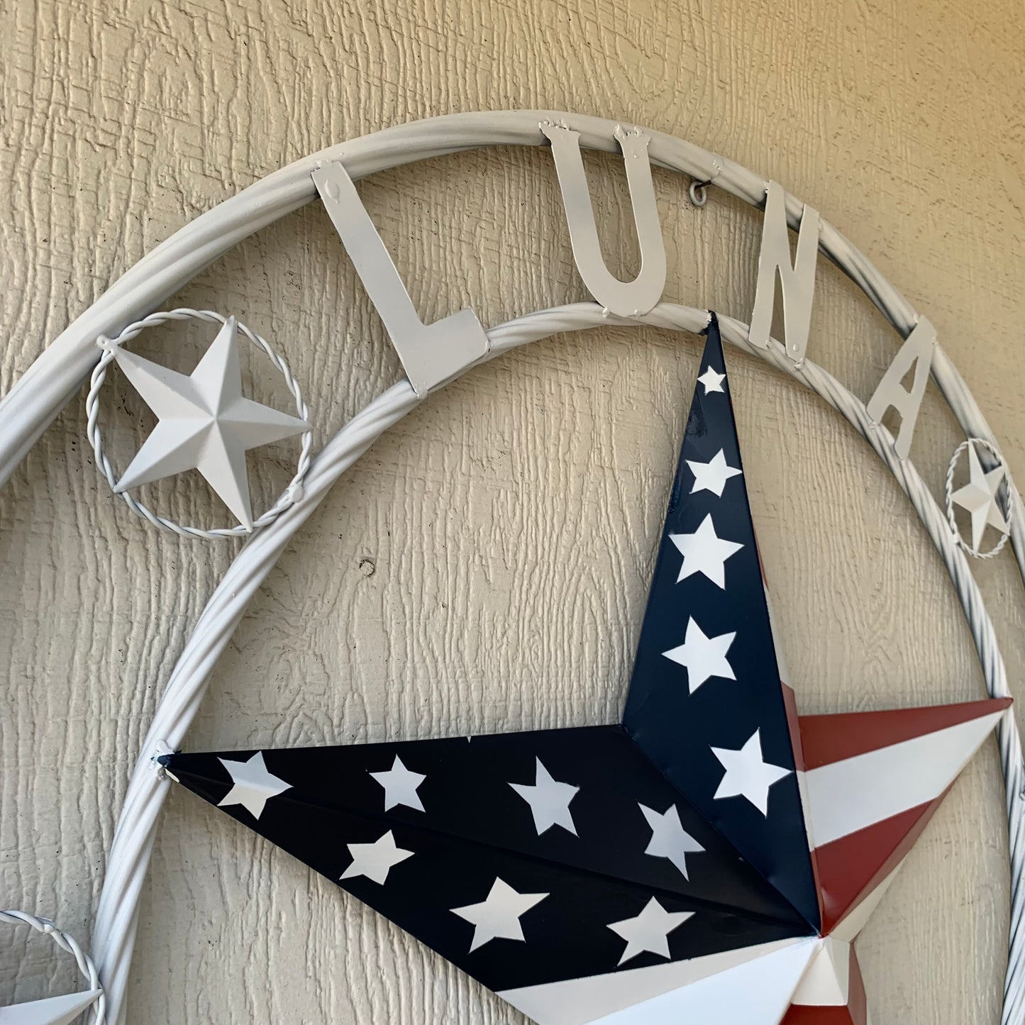LUNA STYLE CUSTOM NAME BARN STAR METAL STAR 3d TWISTED ROPE RING WESTERN HOME DECOR USA FLAG STAR RED WHOTE & BLUE WITH WHITE RING HANDMADE 24",32",36",50"