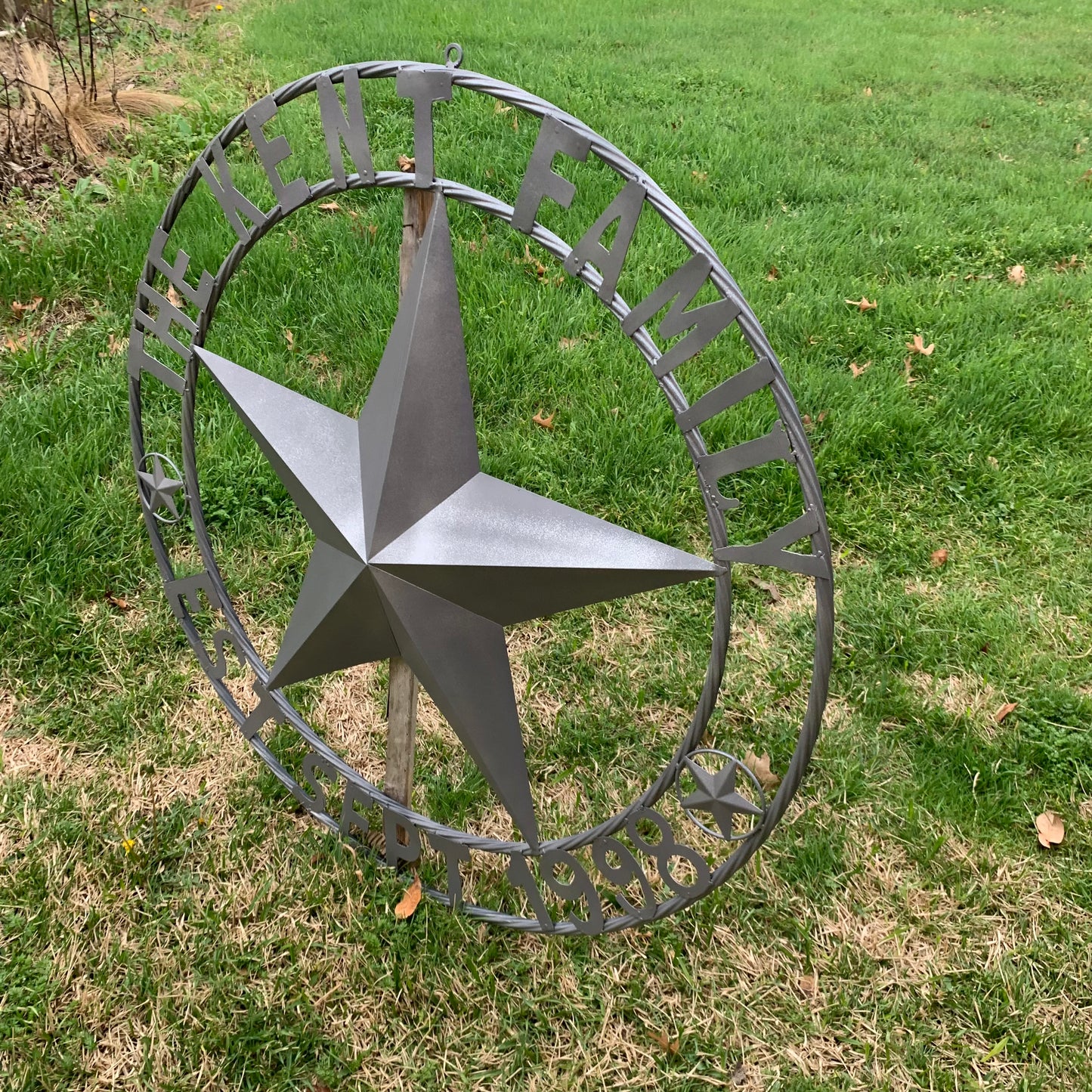 KENT STYLE CUSTOM STAR NAME BARN METAL STAR 3d TWISTED ROPE RING WESTERN HOME DECOR RUSTIC GREY SILVER HANDMADE 24",32",36",50"