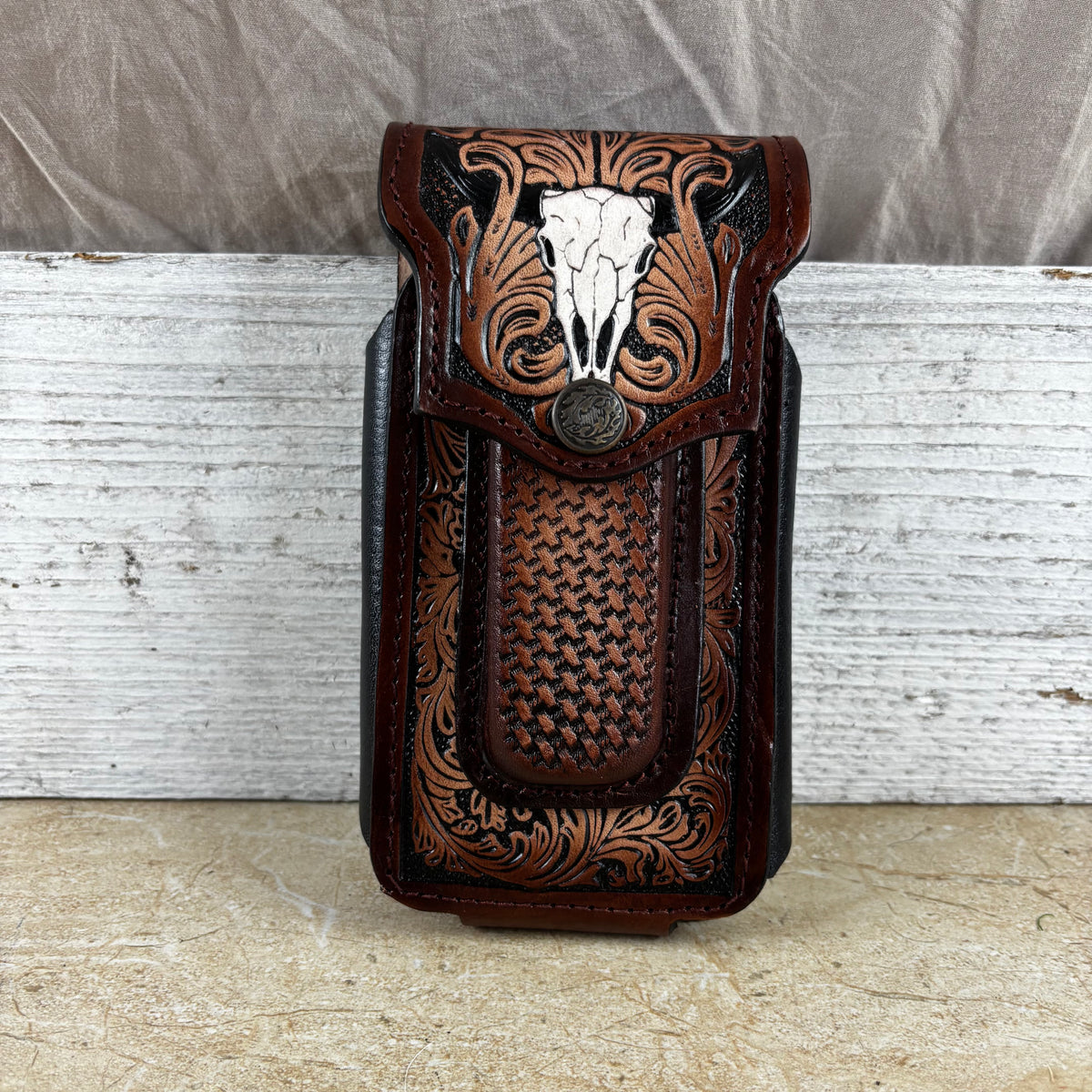 LONGHORN LEATHER HOLSTER 7" PHONE POUCH WITH KNIFE HOLDER FRONT EXTRA LARGE  BELT LOOP CELL PHONE CASE UNIVERSAL OVERSIZE MEXICO MADE #EH13806