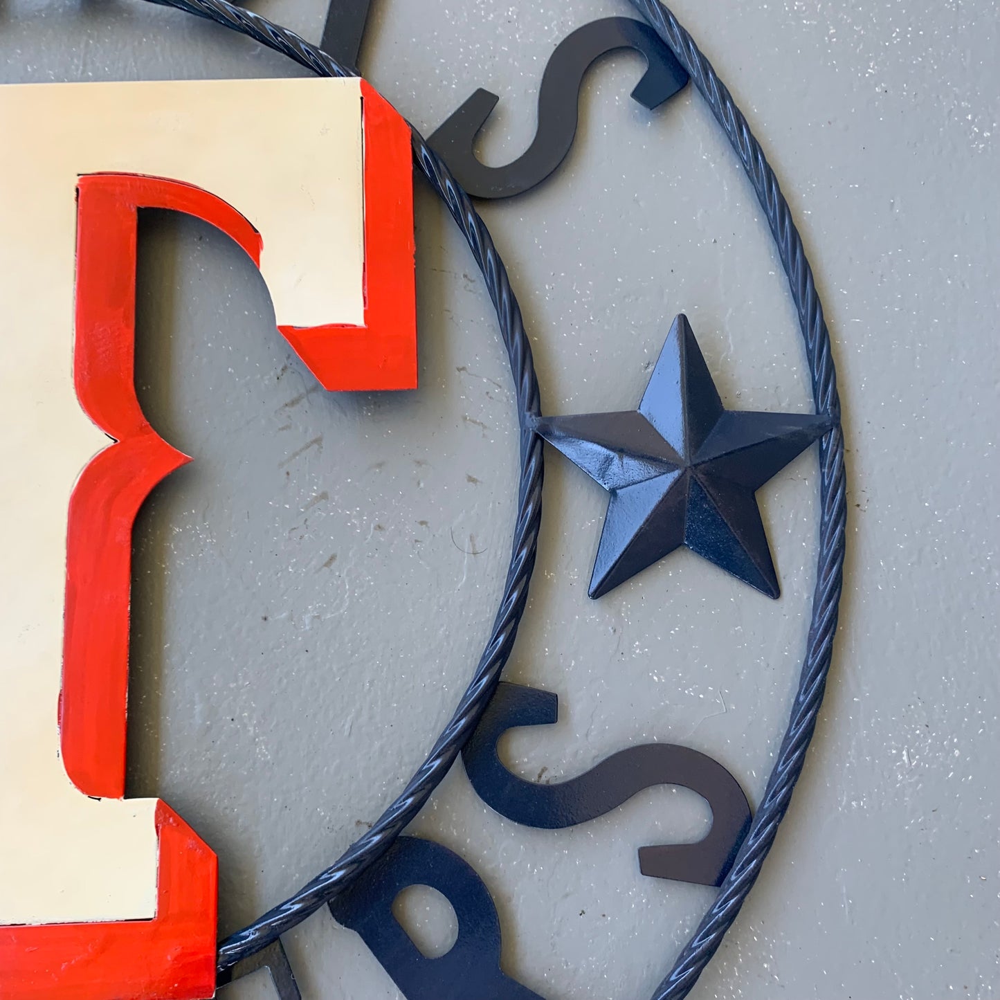 12", 18", 24", 32" TEXAS RANGERS BARN CUSTOM METAL VINTAGE CRAFT SIGN TEAM  WHITE & RED & NAVY BLUE RING & STAR HANDMADE