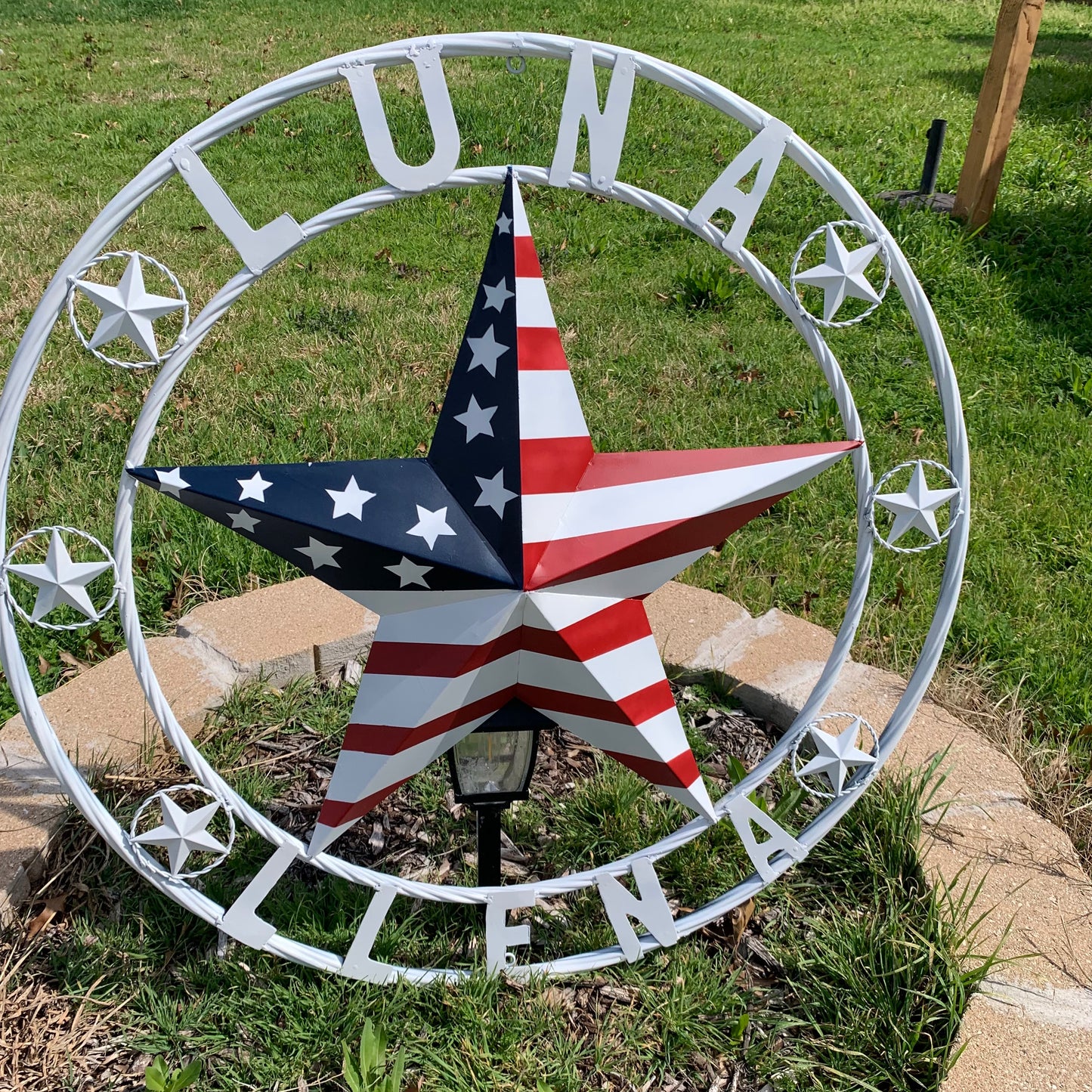 LUNA STYLE CUSTOM NAME BARN STAR METAL STAR 3d TWISTED ROPE RING WESTERN HOME DECOR USA FLAG STAR RED WHOTE & BLUE WITH WHITE RING HANDMADE 24",32",36",50"