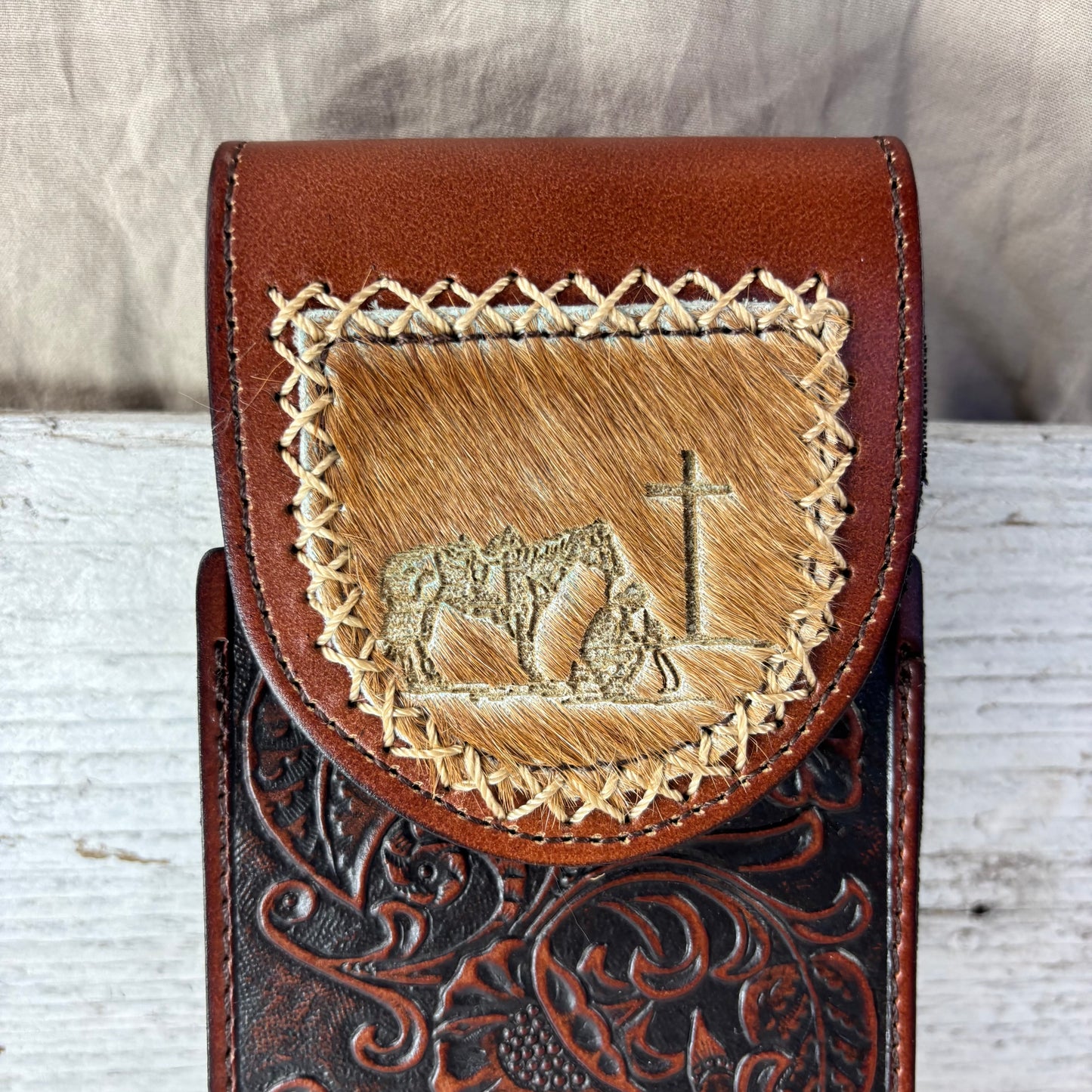7" COWBOY PRAYER  LEATHER HOLSTER BROWN POUCH EXTRA LARGE  BELT LOOP CELL PHONE CASE UNIVERSAL OVERSIZE #EH13322