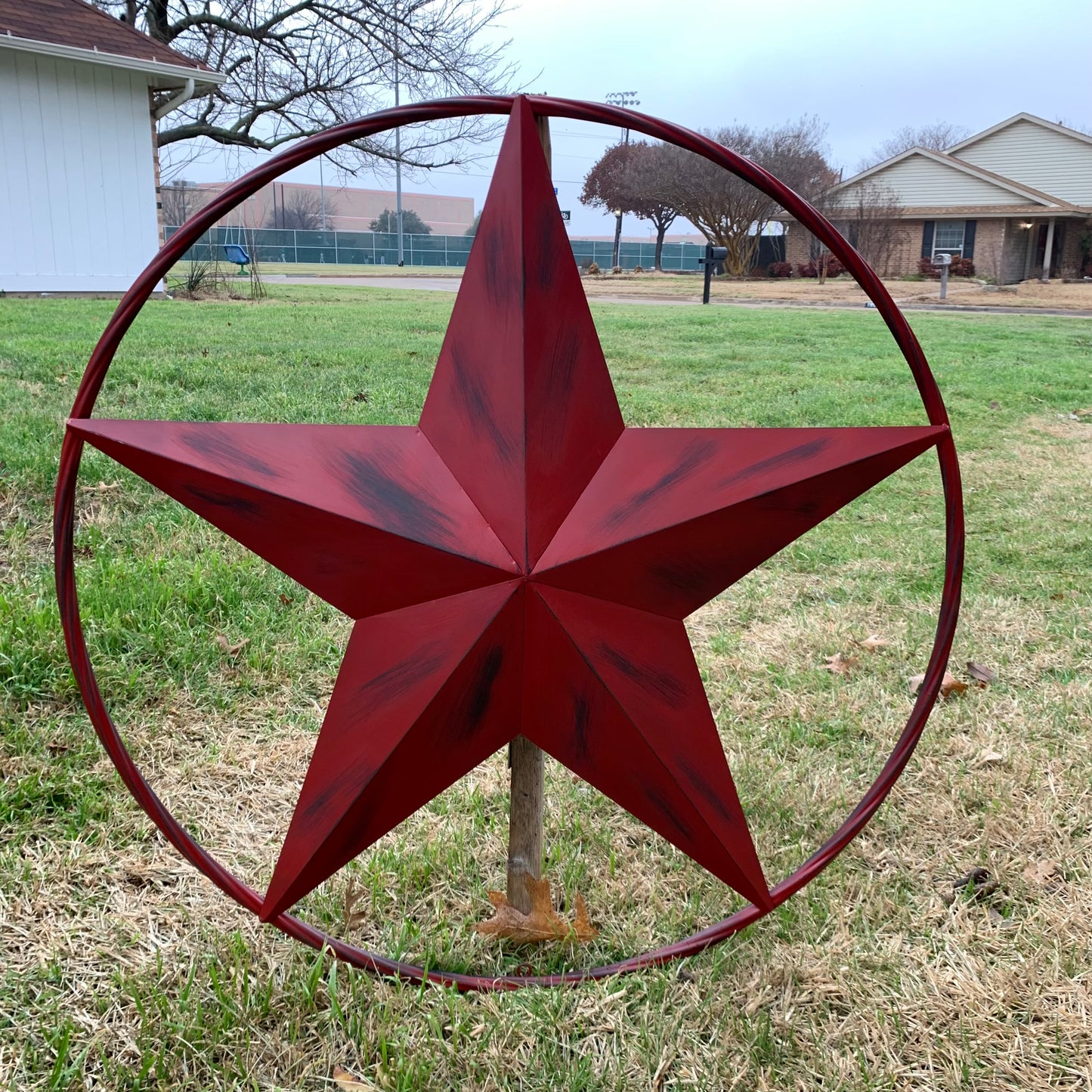 RED DISTRESSED STAR TWO TONE TEXTURE BARN STAR METAL LONESTAR TWISTED ROPE RING WESTERN HOME DECOR HANDMADE NEW #EH12958