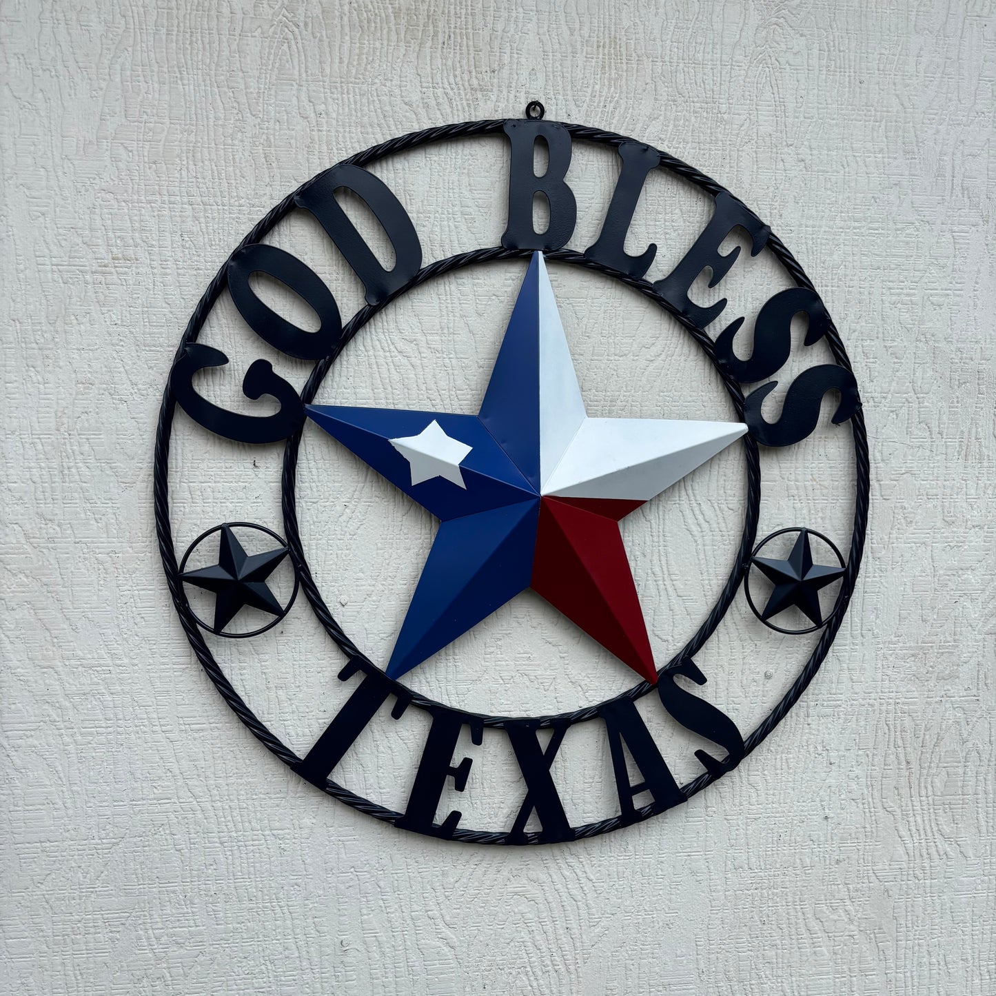GOD BLESS TEXAS BARN STAR RED WHITE BLUE STAR WITH NAVY BLUE RING LONE STAR TWISTED ROPE RING WESTERN HOME DECOR HANDMADE