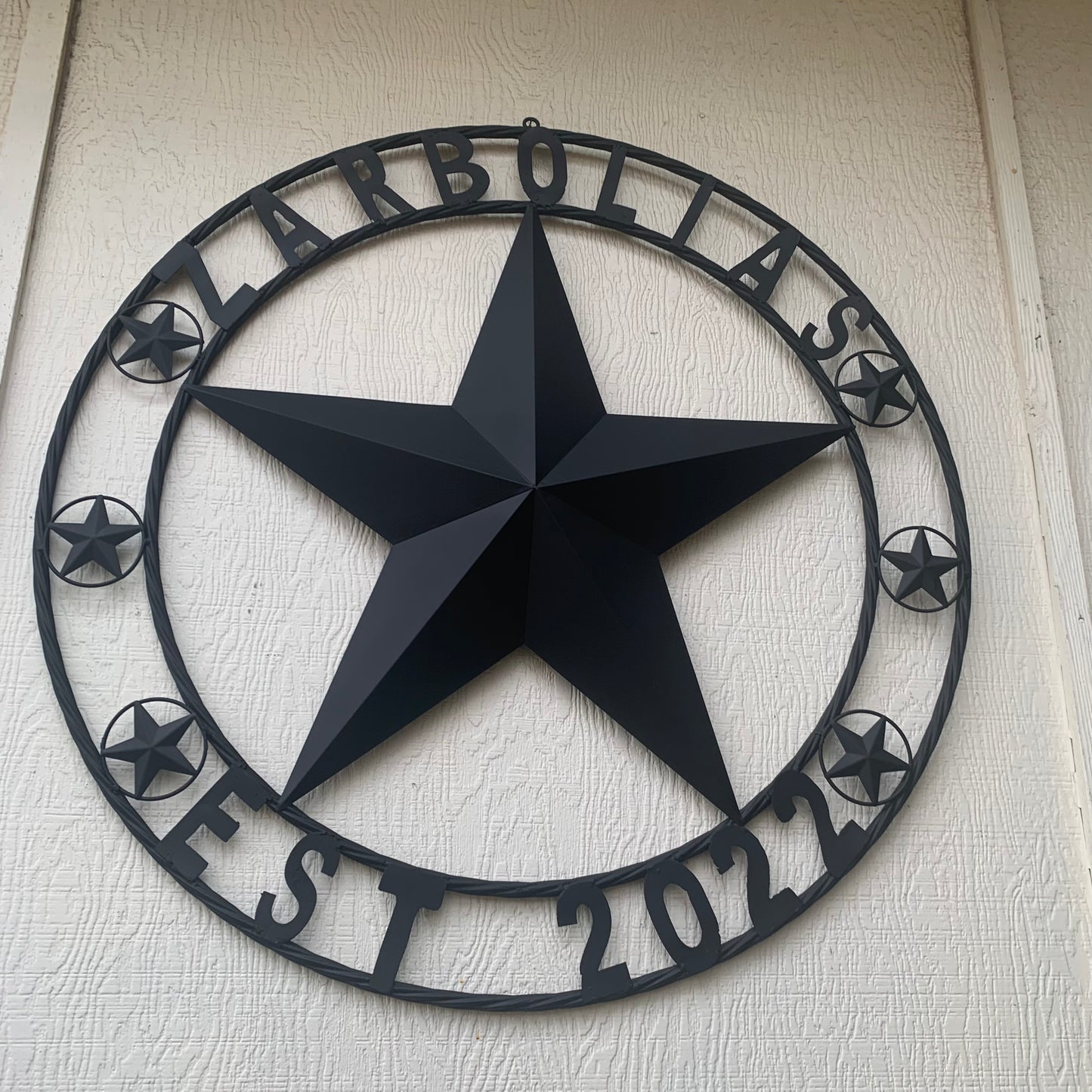 ZARBOLIAS STYLE CUSTOM NAME STAR BARN METAL STAR 3d TWISTED ROPE RING WESTERN HOME DECOR RUSTIC BLACK HANDMADE 24",32",36",50"