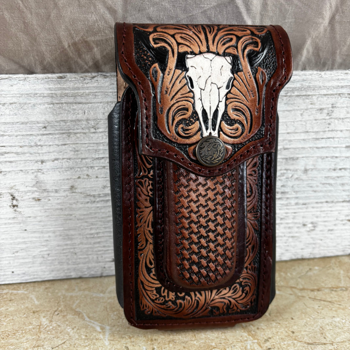 LONGHORN LEATHER HOLSTER 7" PHONE POUCH WITH KNIFE HOLDER FRONT EXTRA LARGE  BELT LOOP CELL PHONE CASE UNIVERSAL OVERSIZE MEXICO MADE #EH13806