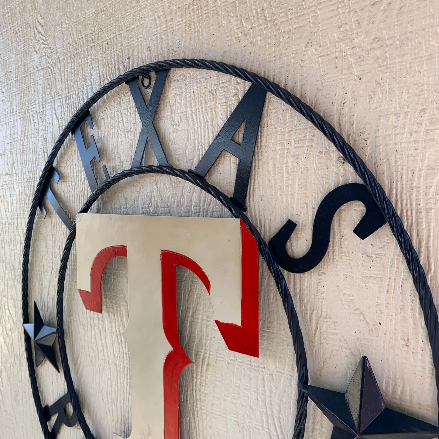 12", 18", 24", 32" TEXAS RANGERS BARN CUSTOM METAL VINTAGE CRAFT SIGN TEAM  WHITE & RED & NAVY BLUE RING & STAR HANDMADE