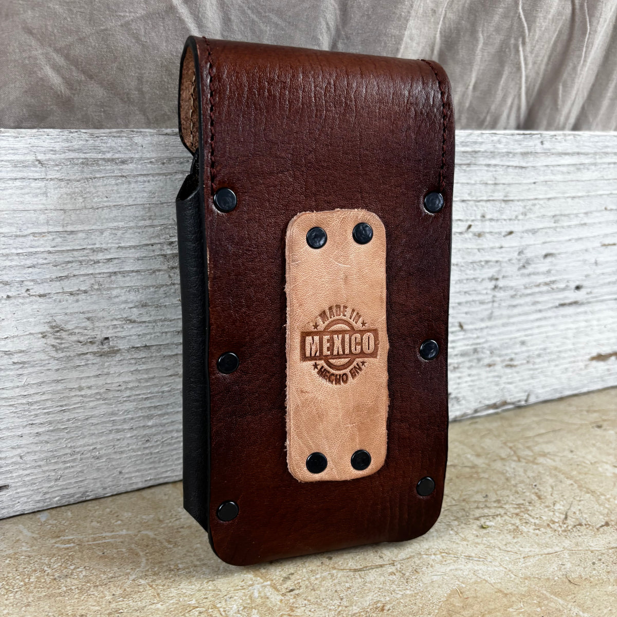 LONGHORN LEATHER HOLSTER 7" PHONE POUCH WITH KNIFE HOLDER FRONT EXTRA LARGE  BELT LOOP CELL PHONE CASE UNIVERSAL OVERSIZE MEXICO MADE #EH13806