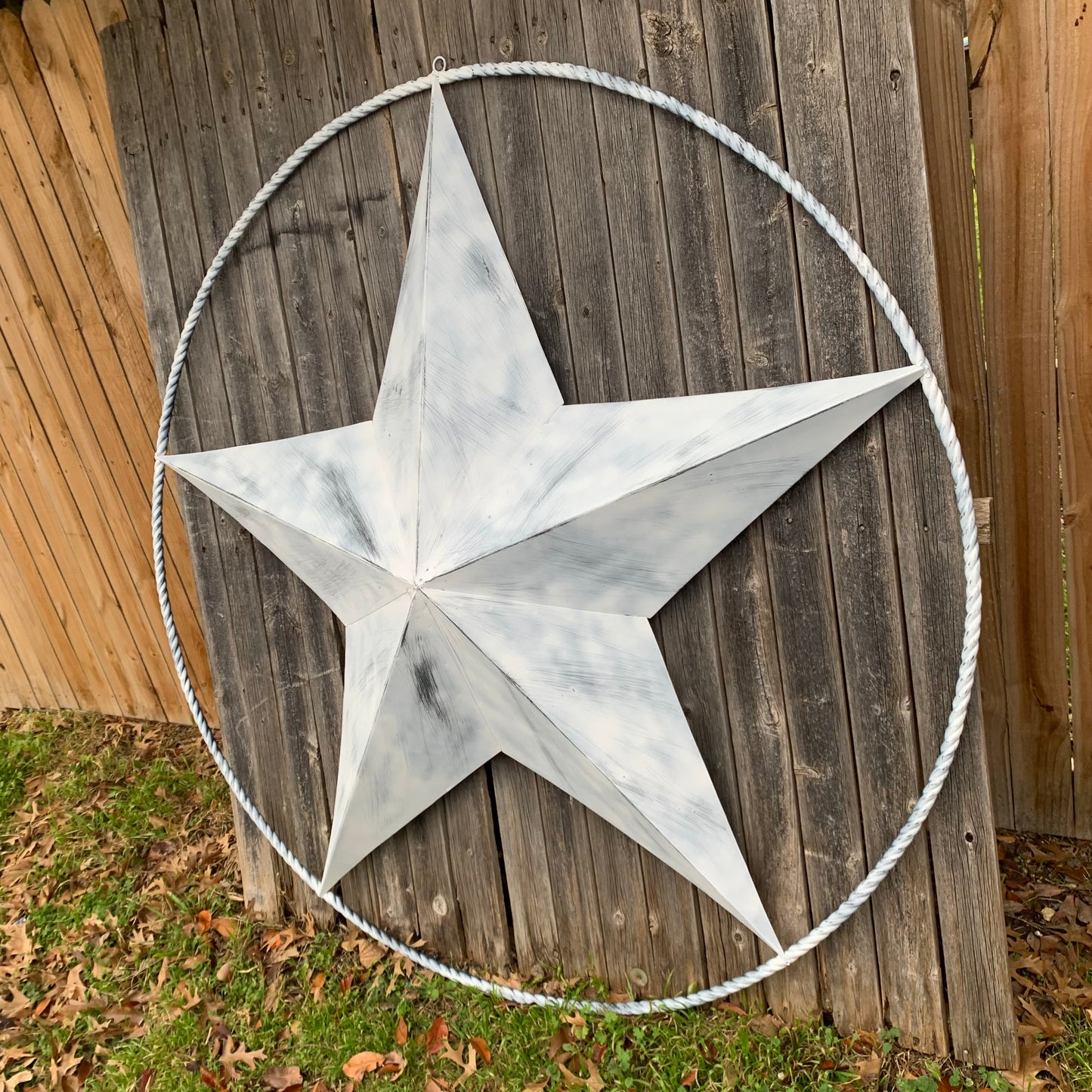 5 FOOT WHITE DISTRESSED STAR TWO TONE TEXTURE BARN STAR METAL LONESTAR TWISTED ROPE RING WESTERN HOME DECOR HANDMADE NEW