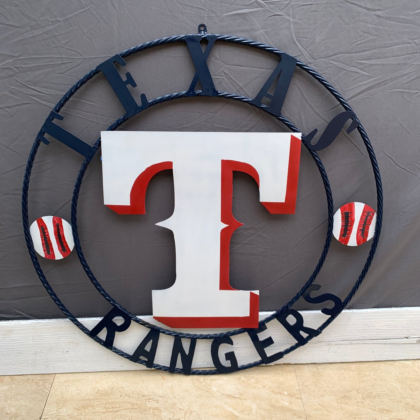 TEXAS RANGERS CUSTOM METAL VINTAGE CRAFT TEAM SIGN WHITE & RED & NAVY BLUE RING HANDMADE