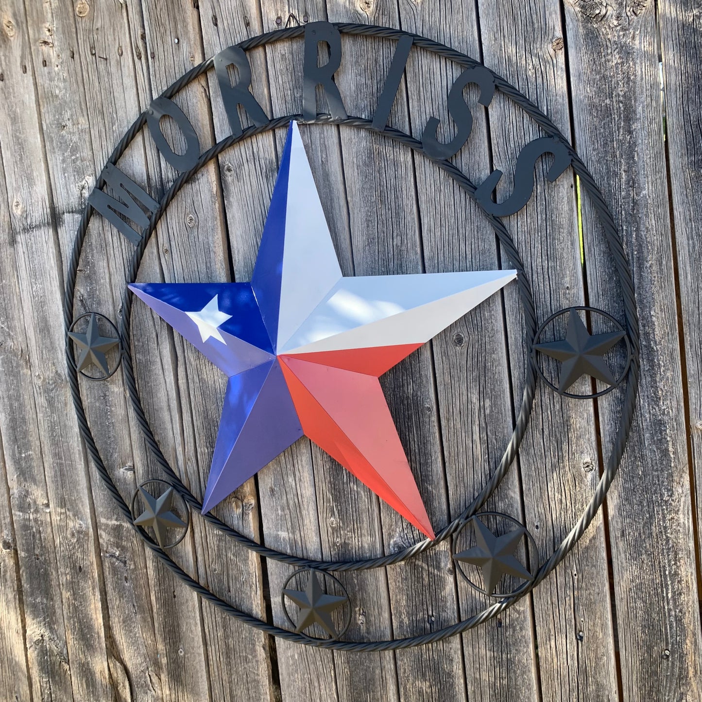 MORRISS TEXAS FLAG STYLE CUSTOM NAME STAR TWISTED ROPE BLACK RING WESTERN HOME DECOR HANDMADE