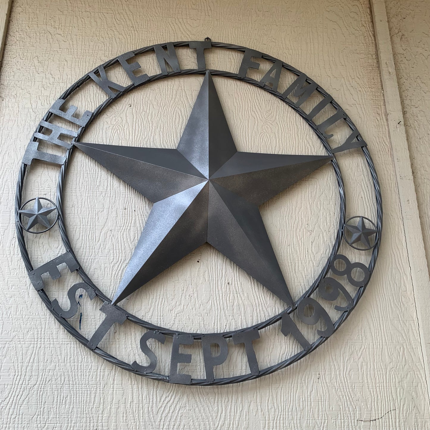 KENT STYLE CUSTOM STAR NAME BARN METAL STAR 3d TWISTED ROPE RING WESTERN HOME DECOR RUSTIC GREY SILVER HANDMADE 24",32",36",50"