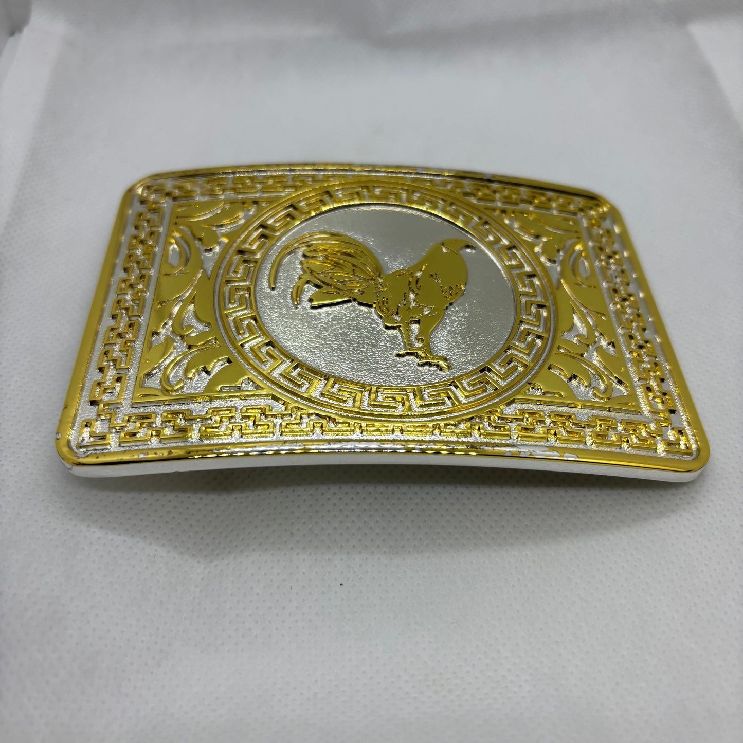 ROOSTER BELT BUCKLE GOLD WHITE WESTERN METAL BUCKLE FASHION ART 4.5" X 3.5"  #EH13237