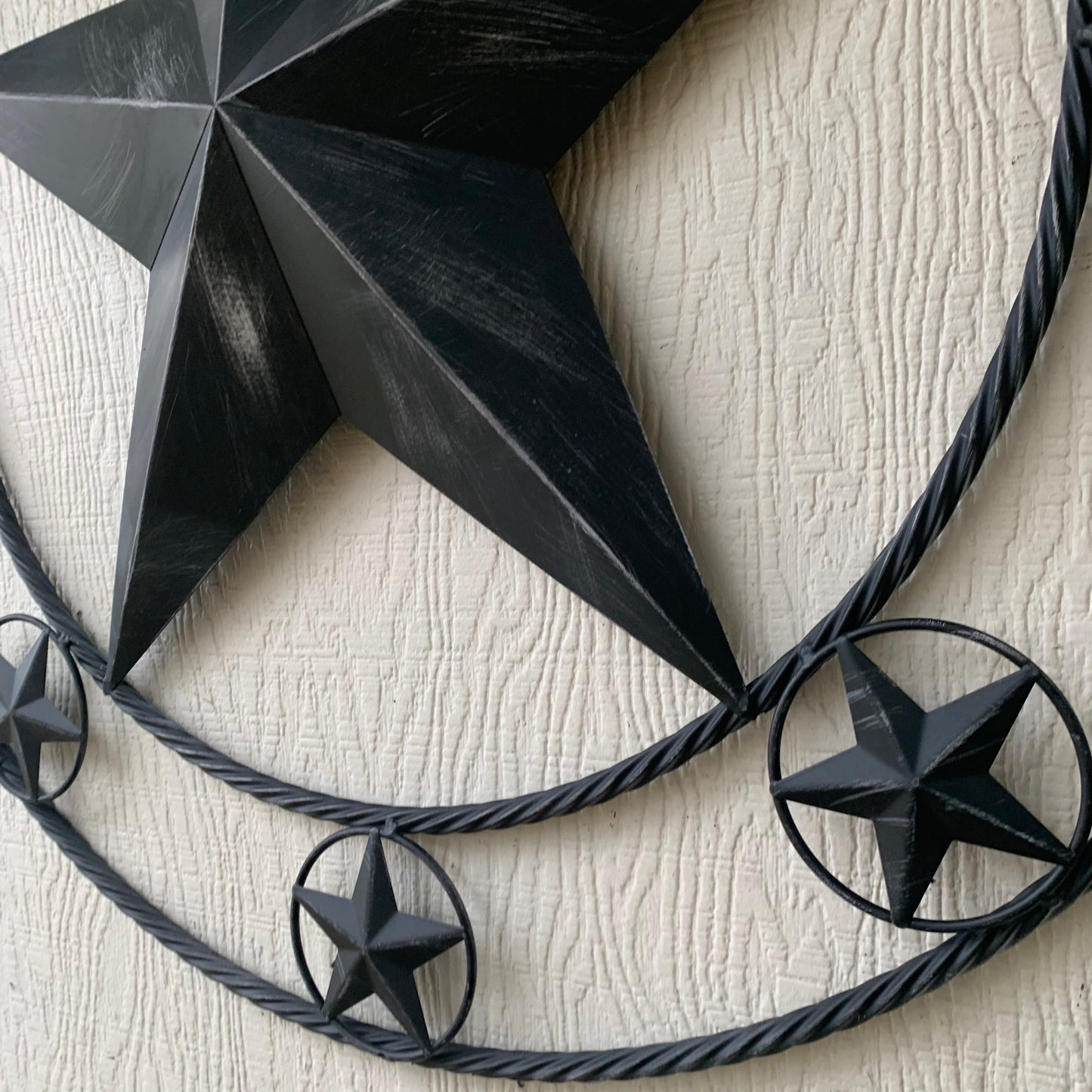 TEXAS BLACK DISTRESSED STAR TWO TONE TEXTURE BARN STAR METAL LONESTAR TWISTED ROPE RING WESTERN HOME DECOR HANDMADE NEW