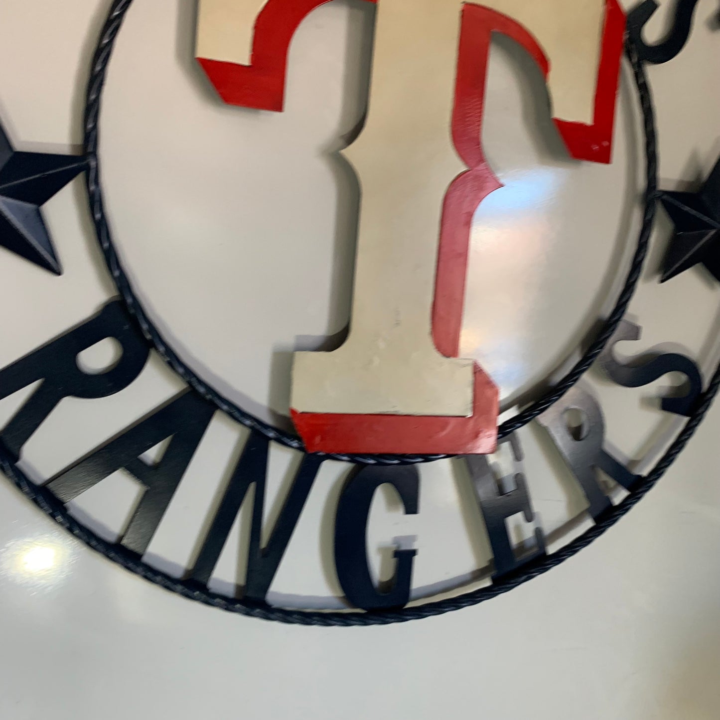 12", 18", 24", 32" TEXAS RANGERS BARN CUSTOM METAL VINTAGE CRAFT SIGN TEAM  WHITE & RED & NAVY BLUE RING & STAR HANDMADE
