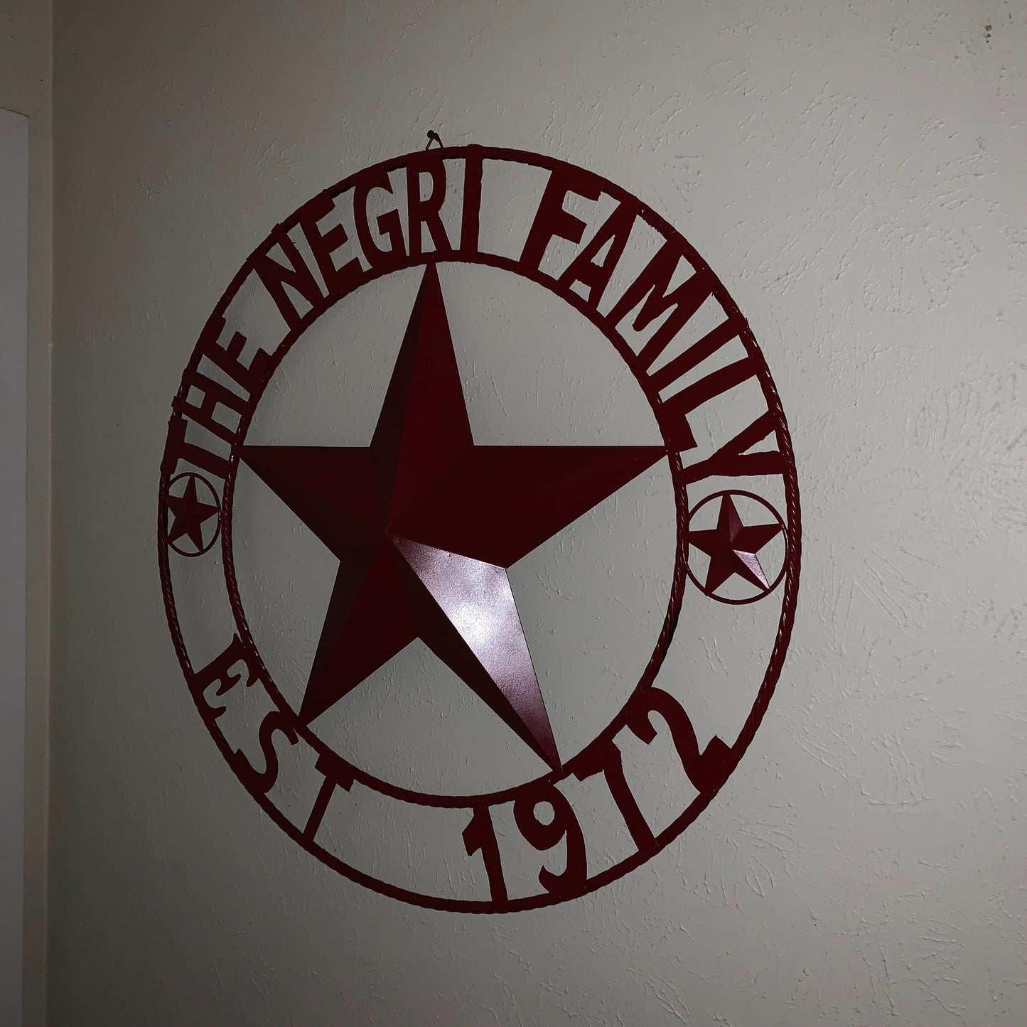 NEGRI FAMILY STYLE YOUR CUSTOM NAME STAR BARN STAR METAL LONE STAR WESTERN HOME DECOR RUSTIC BURGUNDY RED HANDMADE 24",32",36",50"