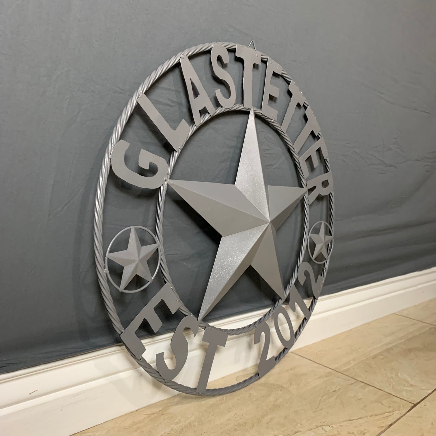 GLASTETTER STYLE YOUR CUSTOM NAME BARN STAR 3d METAL LONE STAR TWISTED ROPE RING WESTERN HOME DECOR RUSTIC GREY HANDMADE 24",32",36",50"