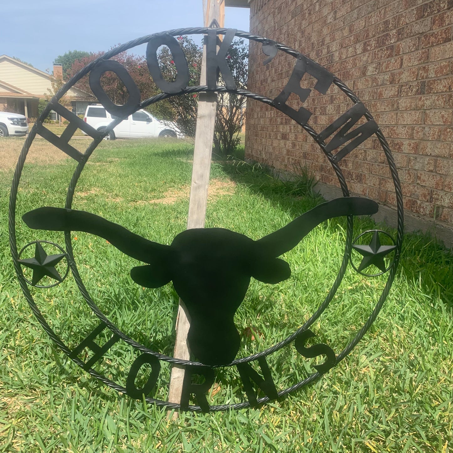 HOOKEM HORNS WITH LONE STAR TEXAS LONGHORNS HOOK EM BLACK METAL CUSTOM VINTAGE CRAFT WALL ART TEAM SIGN HANDMADE