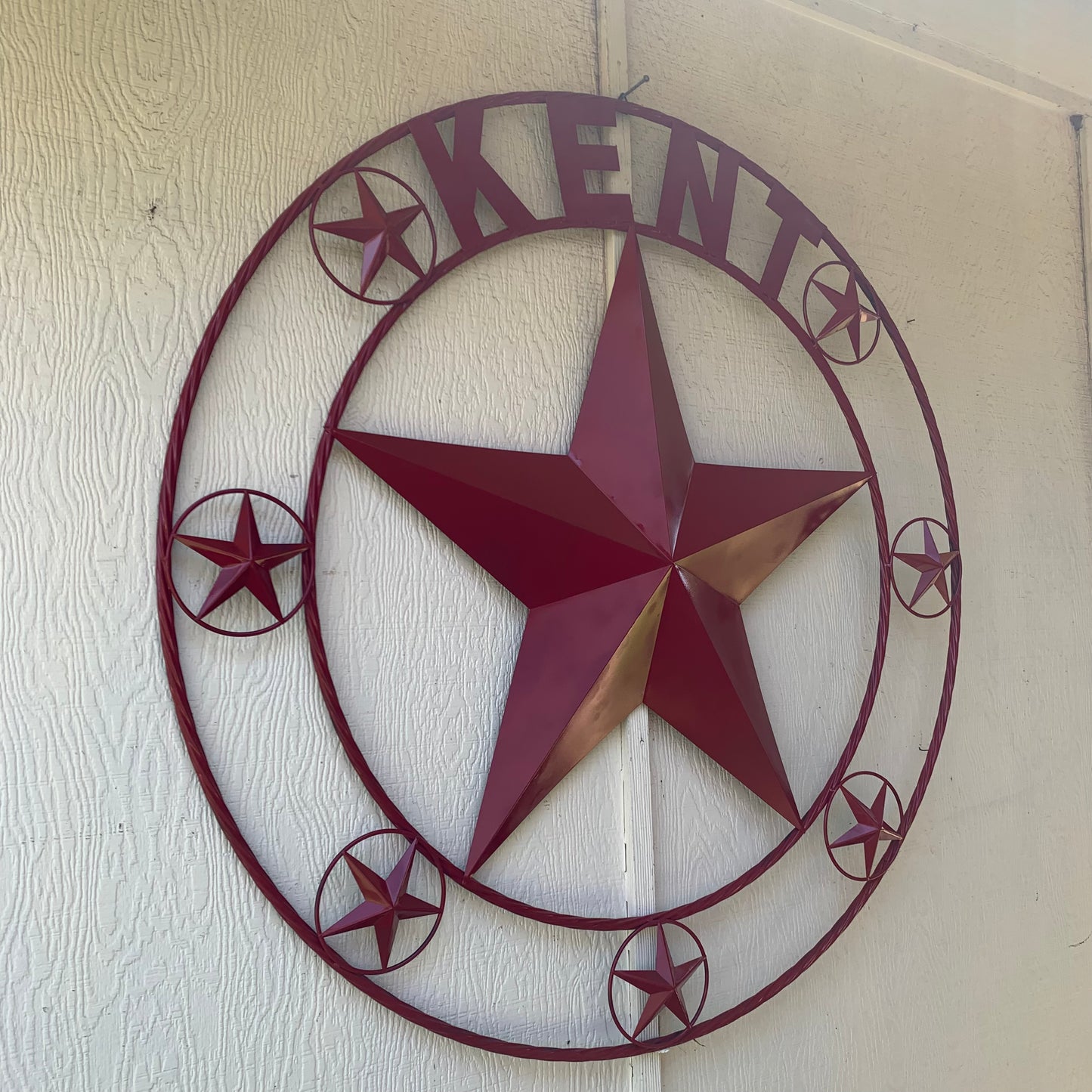 KENT STYLE YOUR CUSTOM STAR METAL NAME RUSTIC BURGUNDY RED CUSTOM 3d STAR METAL NAME BARN STAR TWISTED ROPE RING DESIGN METAL WALL ART HOME DECOR ANY SIZE