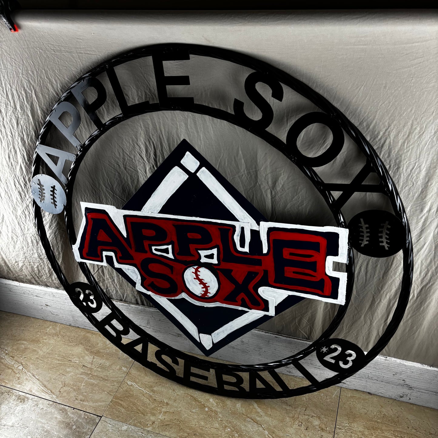 APPLE SOX BASEBALL CUSTOM METAL VINTAGE CRAFT SIGN TEAM NAVY BLUE WHITE RED HANDMADE
