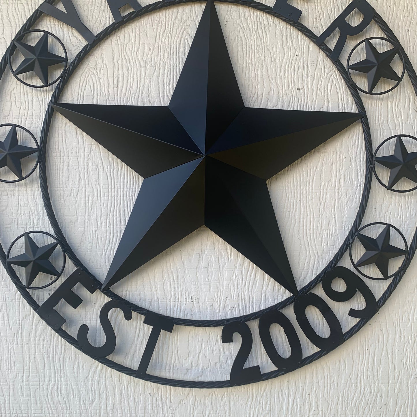 YANKER STYLE CUSTOM NAME STAR BARN METAL STAR 3d TWISTED ROPE RING WESTERN HOME DECOR RUSTIC BLACK HANDMADE 24",32",36",50"