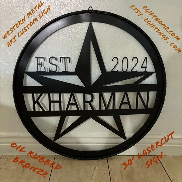 30" KHARMAN CUSTOM NAME SIGN LASERCUT CUSTOM METAL VINTAGE CRAFT SIGN WITH TWISTED ROPE RING WESTERN HOME DECOR HANDMADE NEW