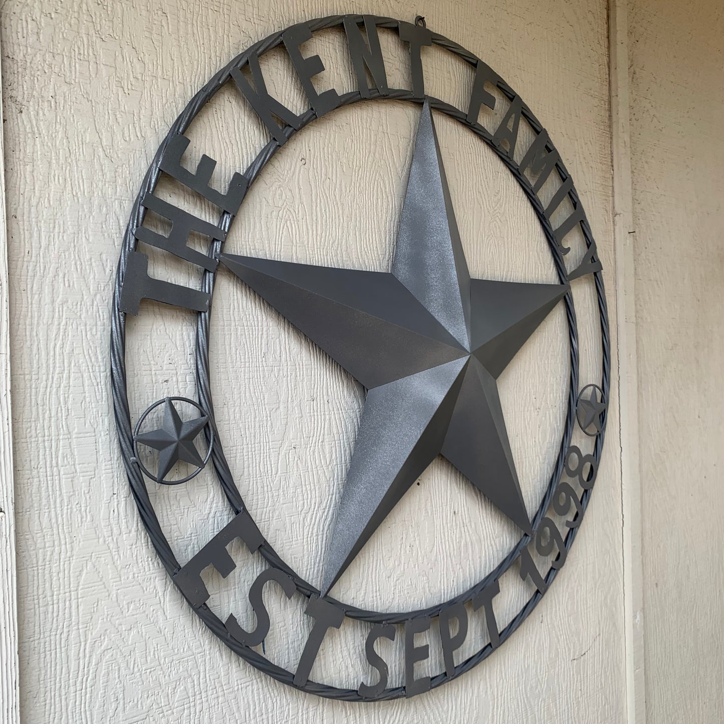 KENT STYLE CUSTOM STAR NAME BARN METAL STAR 3d TWISTED ROPE RING WESTERN HOME DECOR RUSTIC GREY SILVER HANDMADE 24",32",36",50"