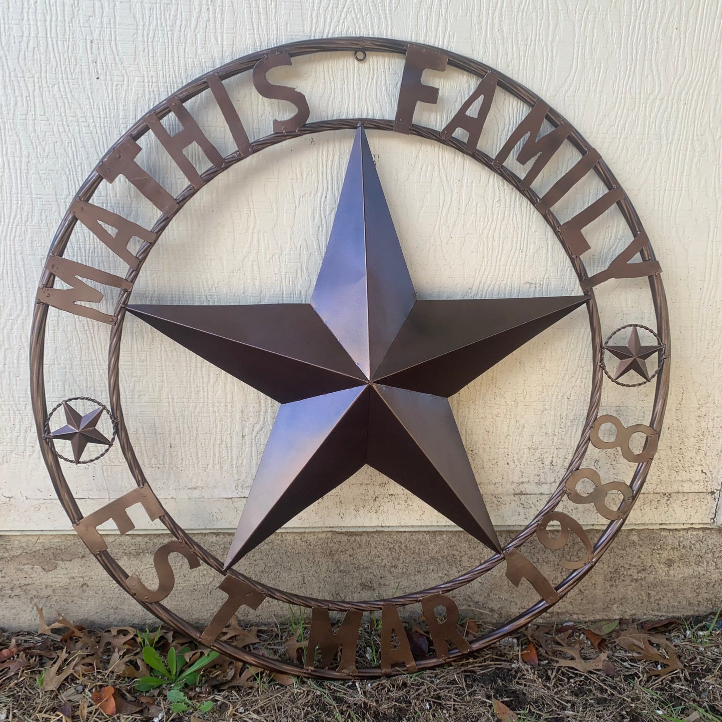 MATHIS STYLE CUSTOM NAME STAR BARN STAR 3d METAL LONESTAR TWISTED ROPE RING WESTERN HOME DECOR RUSTIC BRONZE COPPER HANDMADE 24",32",36",50"