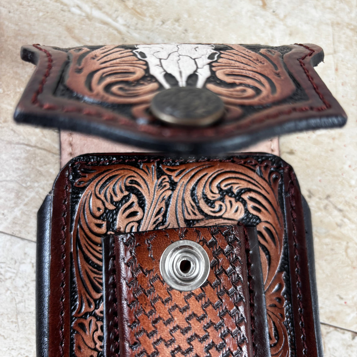 LONGHORN LEATHER HOLSTER 7" PHONE POUCH WITH KNIFE HOLDER FRONT EXTRA LARGE  BELT LOOP CELL PHONE CASE UNIVERSAL OVERSIZE MEXICO MADE #EH13806