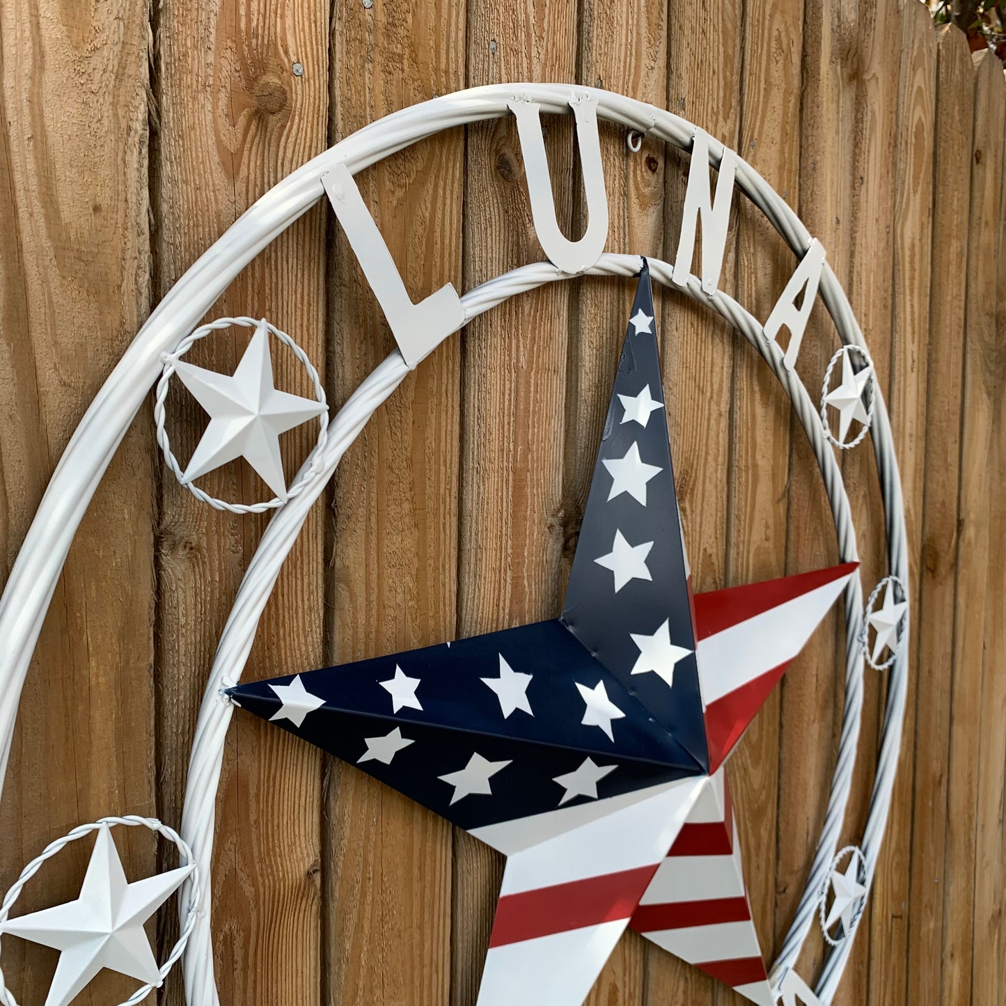 LUNA STYLE CUSTOM NAME BARN STAR METAL STAR 3d TWISTED ROPE RING WESTERN HOME DECOR USA FLAG STAR RED WHOTE & BLUE WITH WHITE RING HANDMADE 24",32",36",50"