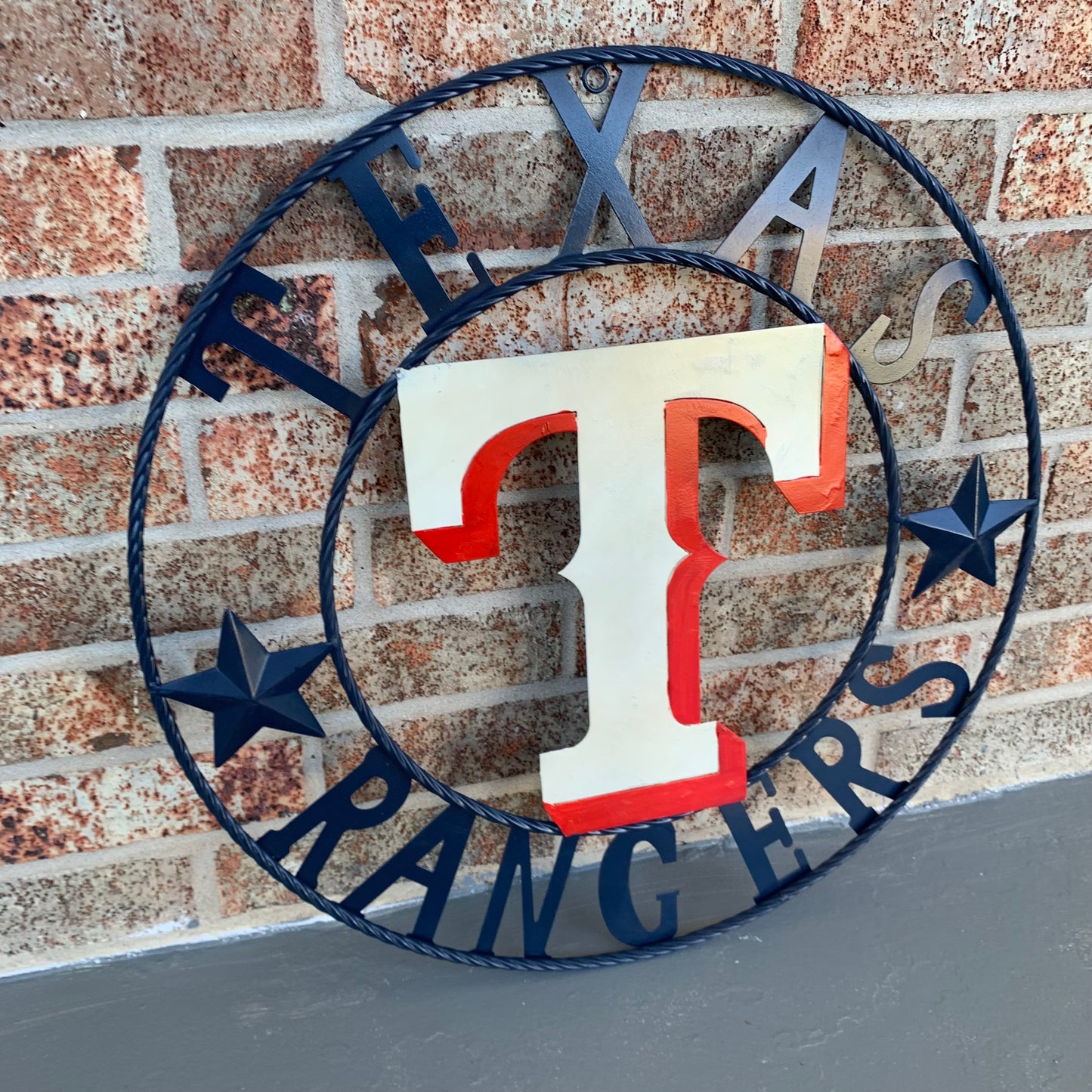 12", 18", 24", 32" TEXAS RANGERS BARN CUSTOM METAL VINTAGE CRAFT SIGN TEAM  WHITE & RED & NAVY BLUE RING & STAR HANDMADE