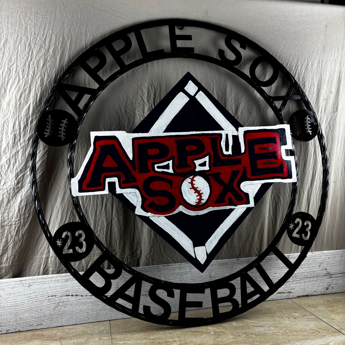 APPLE SOX BASEBALL CUSTOM METAL VINTAGE CRAFT SIGN TEAM NAVY BLUE WHITE RED HANDMADE