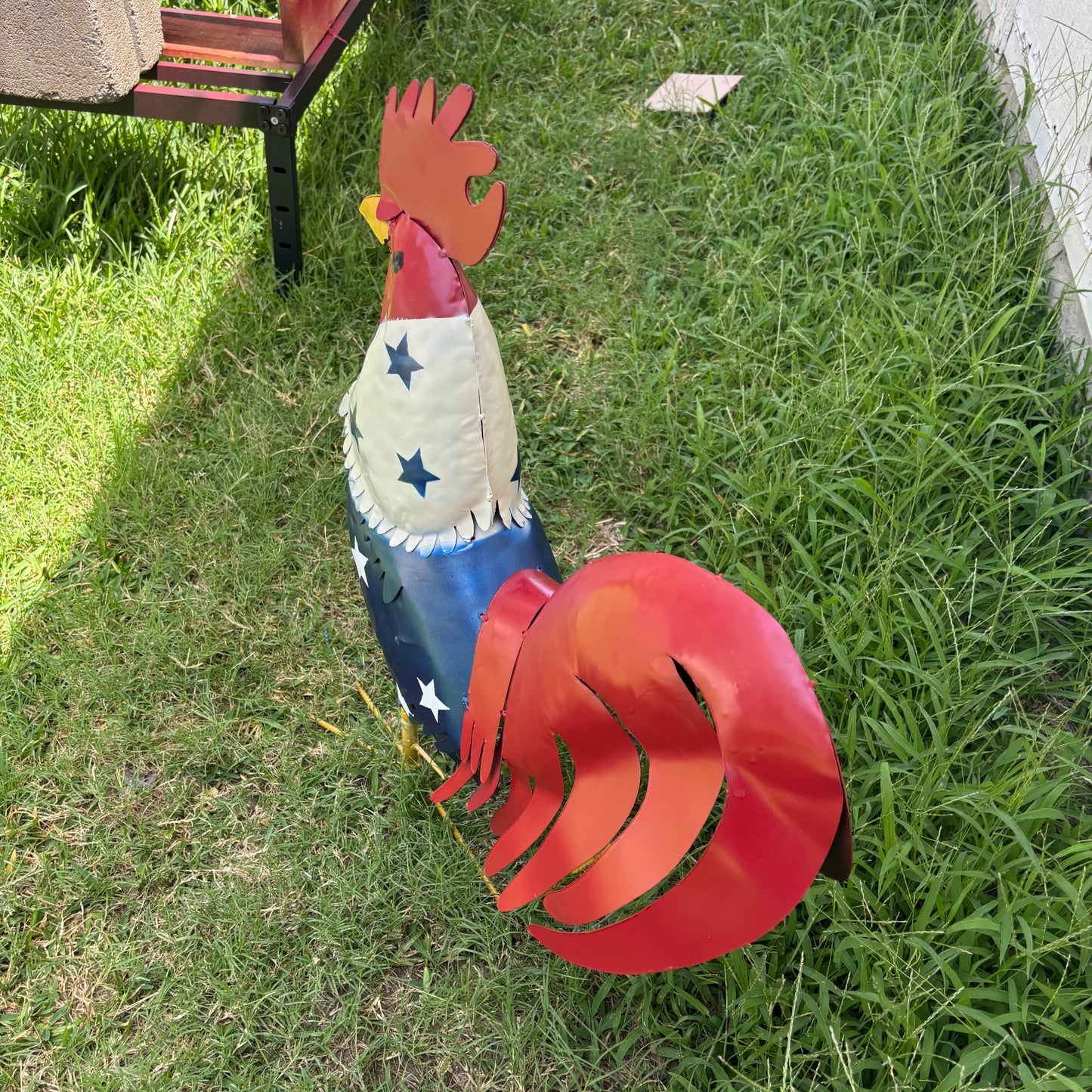 USA FLAG ROOSTER AMERICAN RED WHITE BLUE PATRIOTIC GARDEN METAL SCULPTURE WESTERN HOME DECOR ORNAMENT HANDMADE #34-003