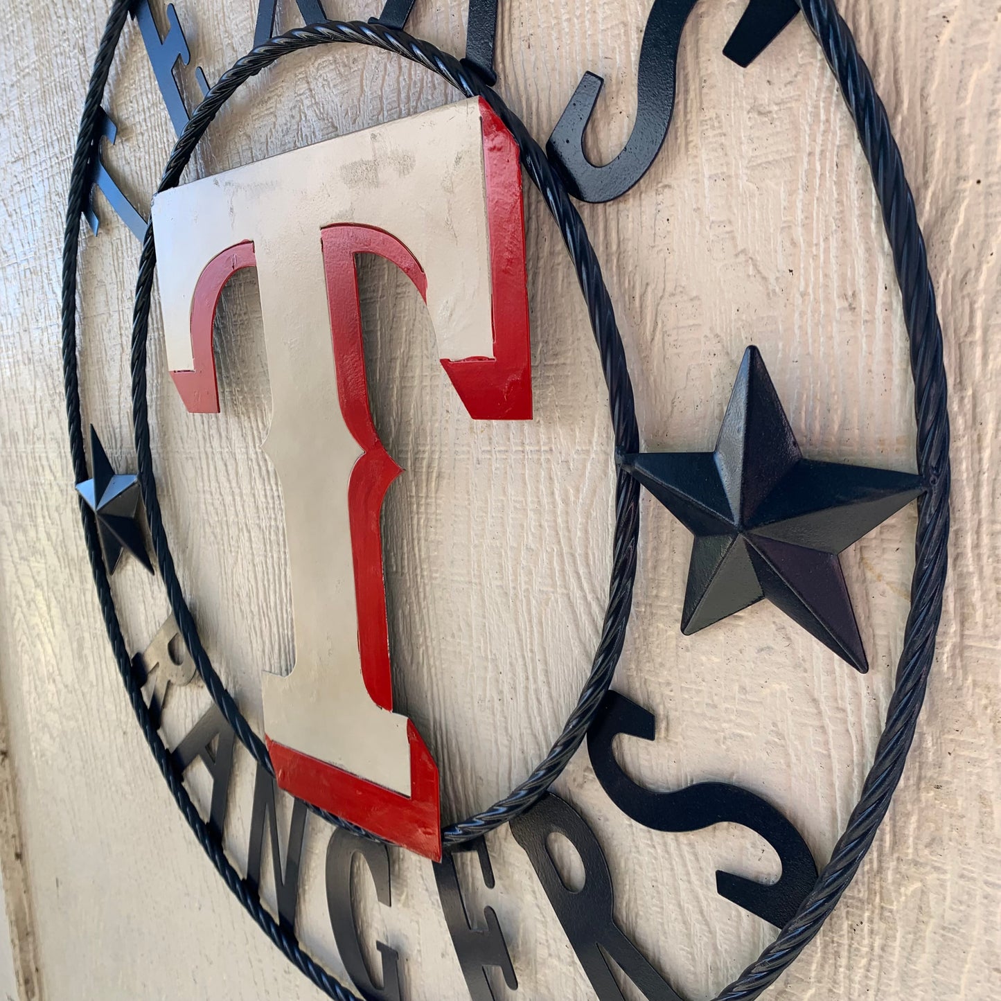 12", 18", 24", 32" TEXAS RANGERS BARN CUSTOM METAL VINTAGE CRAFT SIGN TEAM  WHITE & RED & NAVY BLUE RING & STAR HANDMADE