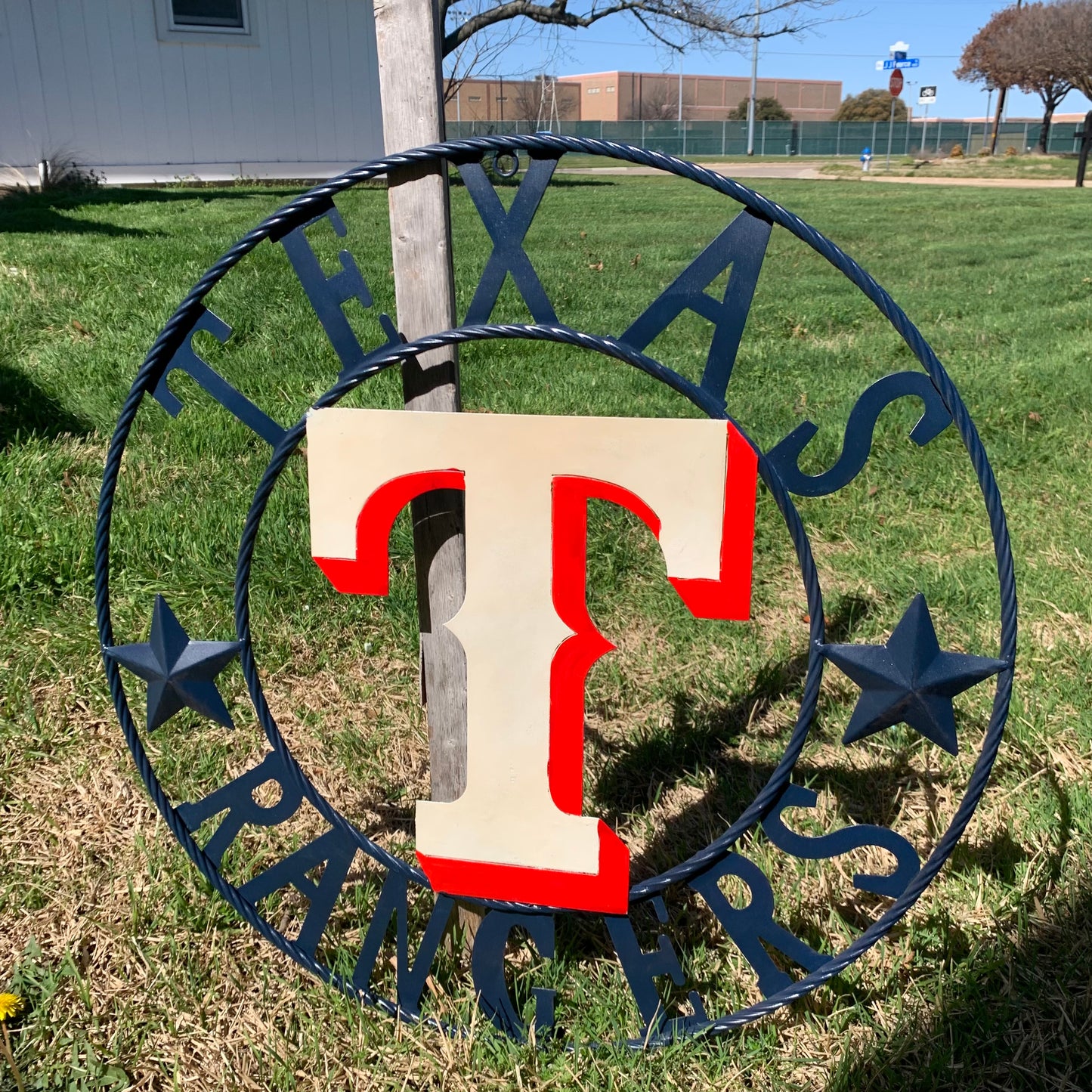 12", 18", 24", 32" TEXAS RANGERS BARN CUSTOM METAL VINTAGE CRAFT SIGN TEAM  WHITE & RED & NAVY BLUE RING & STAR HANDMADE