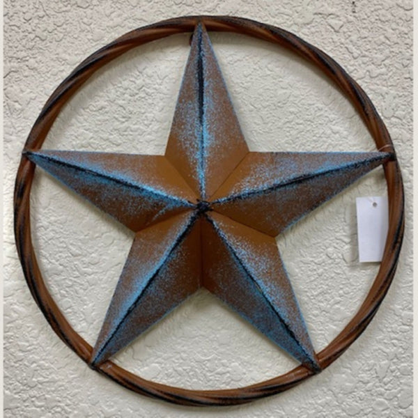 16",12" TURQUOISE DISTRESSED BARN METAL LONE STAR TWISTED ROPE RING WESTERN HOME DECOR HANDMADE NEW #EH12943