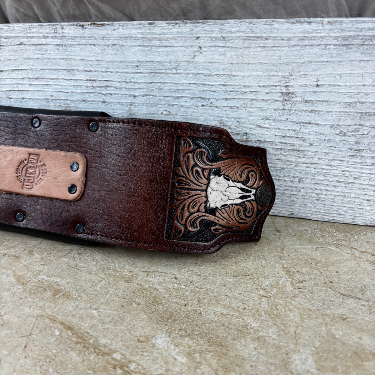 LONGHORN LEATHER HOLSTER 7" PHONE POUCH WITH KNIFE HOLDER FRONT EXTRA LARGE  BELT LOOP CELL PHONE CASE UNIVERSAL OVERSIZE MEXICO MADE #EH13806