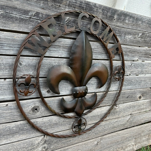 24" WELCOME FLEUR DE LIS METAL WALL ART WESTERN HOME DECOR BROWN NEW #EH11997