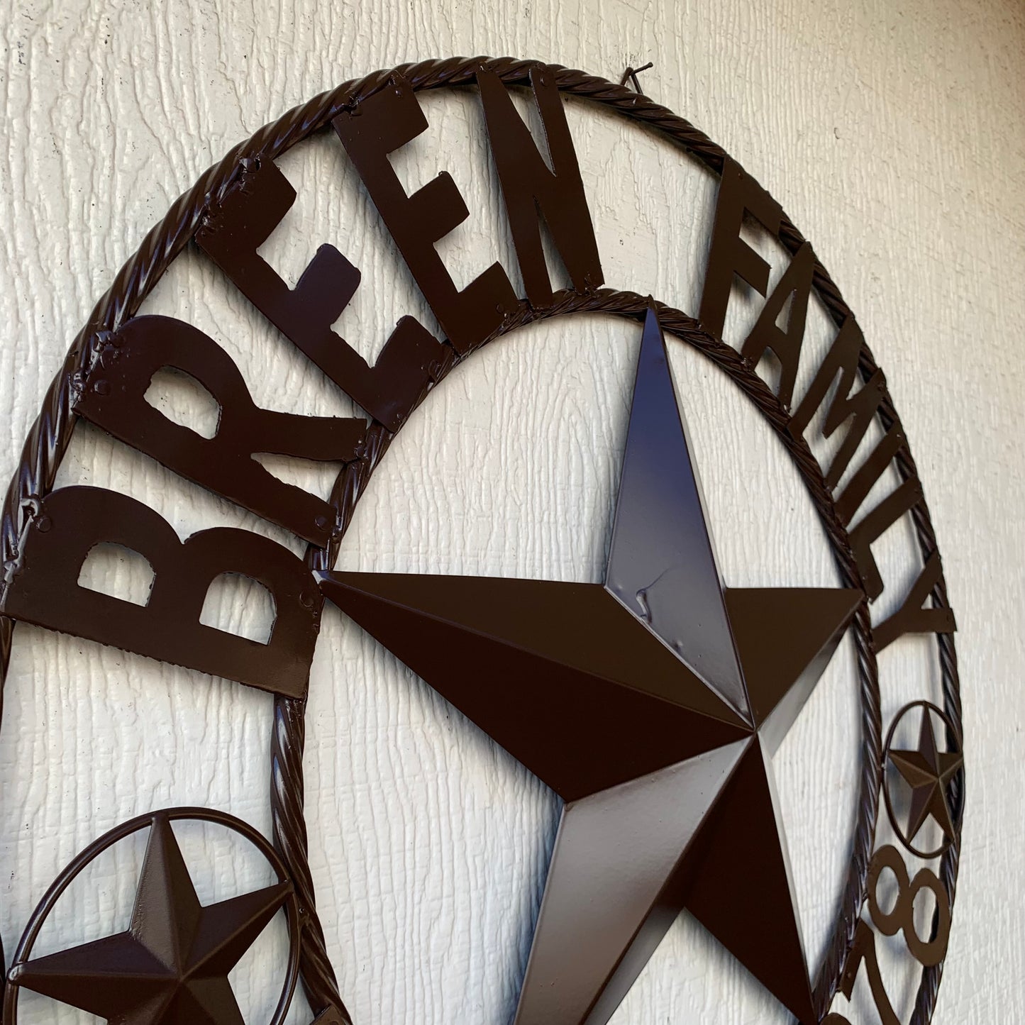 BREEN FAMILY STYLE CUSTOM NAME STAR BARN METAL STAR 3d TWISTED ROPE RING WESTERN HOME DECOR RUSTIC BROWN HANDMADE 24",32",36",50"